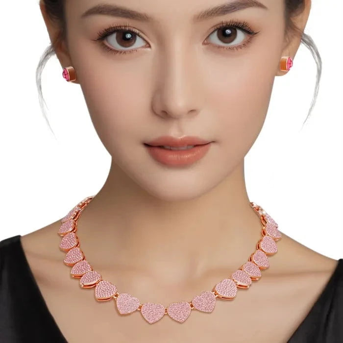 Elegant Heart Pave Pink Link Necklace Set for Women - Perfect for Valentine's Day Gifts, Anniversary Presents & Romantic Date Nights