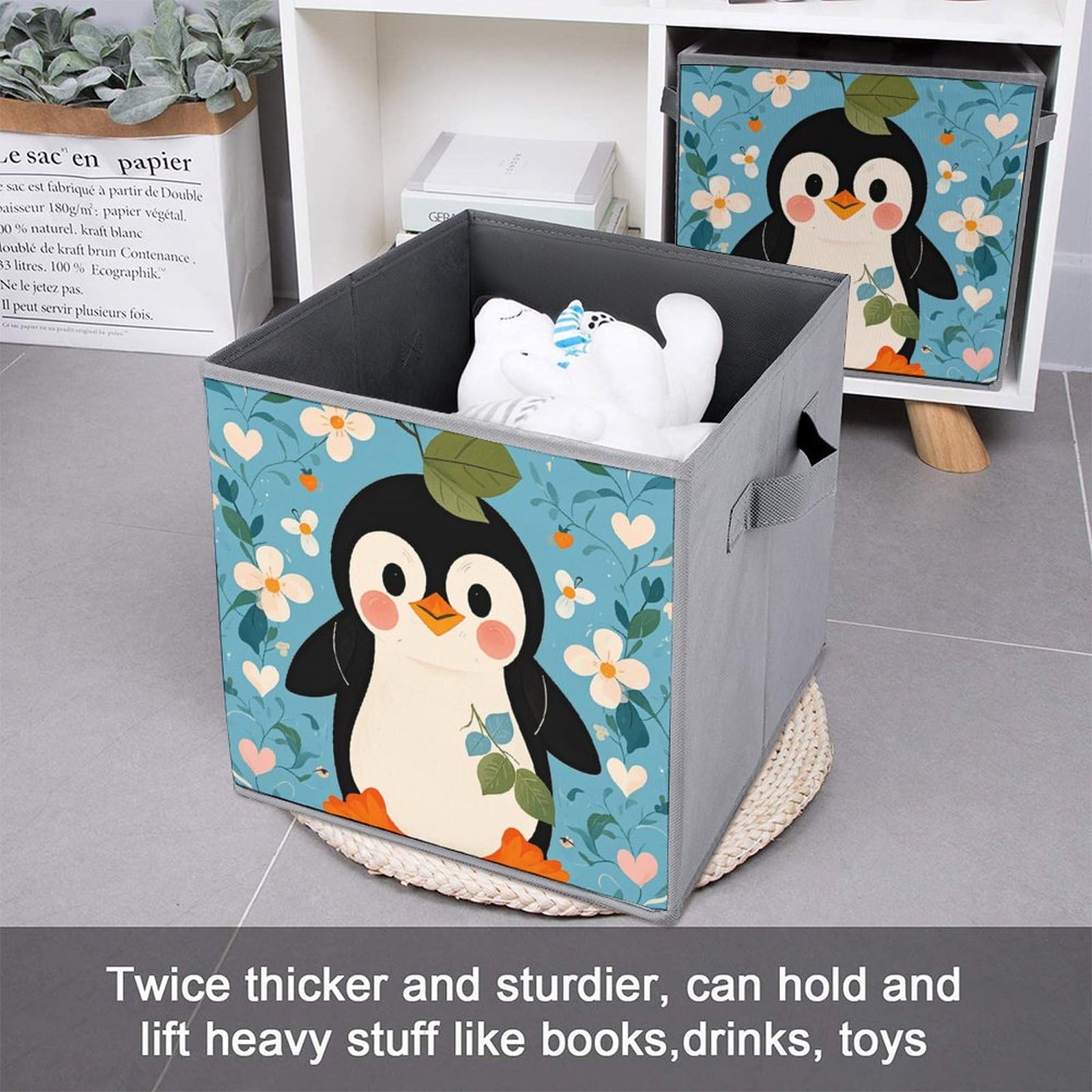6PCS Collapsible Storage Bins with Handles - Cute Penguin Print Organizing Baskets for Shelves, Closet, Bathroom & Kids Room | Multi-Functional Foldable Storage Containers for Home Organization