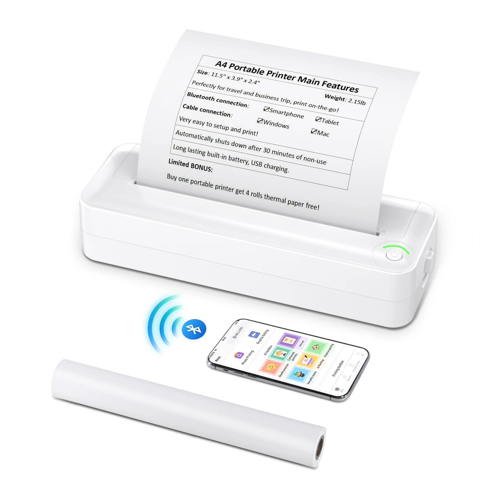 Wireless Portable Thermal Printer for Travel - Inkless Mobile Printer Compatible with iOS, Android & Laptop, Supports A4 Transfer Paper - Perfect for Home, School, Office & Vehicle Use