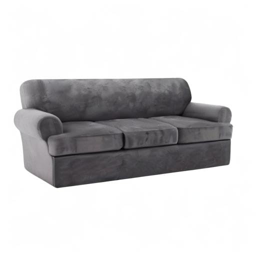 Velvet T-Cushion Sofa Slipcover Set - 4-Piece Soft Couch Cover with 3 Individual T-Shaped Seat Covers - Furniture Protector for Living Room (Grey) - Perfect for Sectional Sofas, Home Decor & Pet Protection