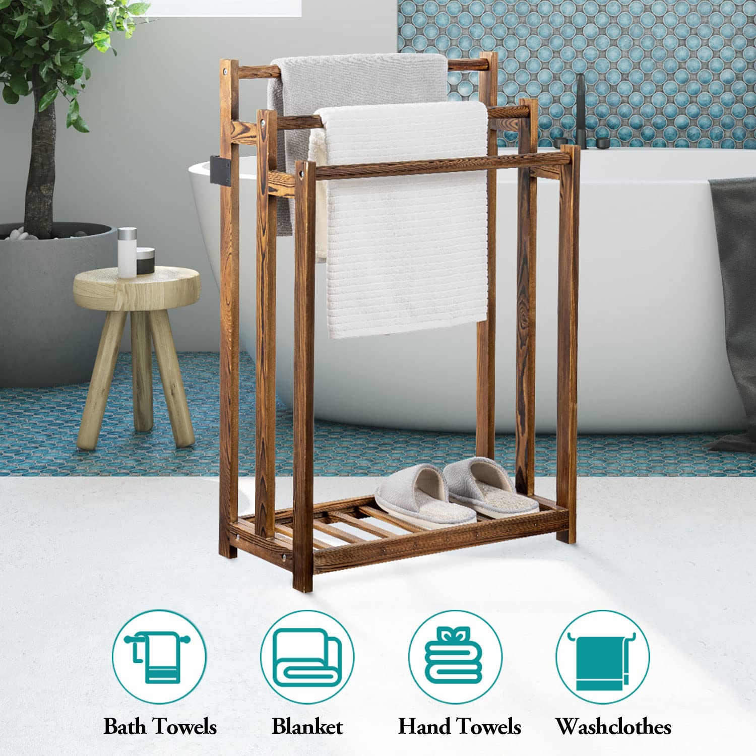 MyGift 3-Tier Freestanding Bathroom Towel Rack - Rustic Dark Brown Wooden Towel Holder with Storage Shelf | Space-Saving Drying Stand for Bath Towels, Robes & Linens | Perfect for Small Bathrooms, Laundry Rooms & Spa Areas