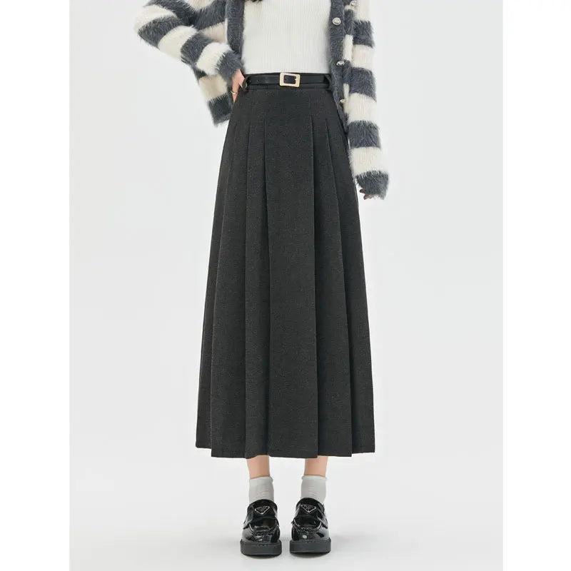 Vintage High Waist Women's Belt Skirt - Solid Color Slim & Loose Casual Streetwear (Khaki/Black) | Perfect for Office, Date Night & Chic Outfits