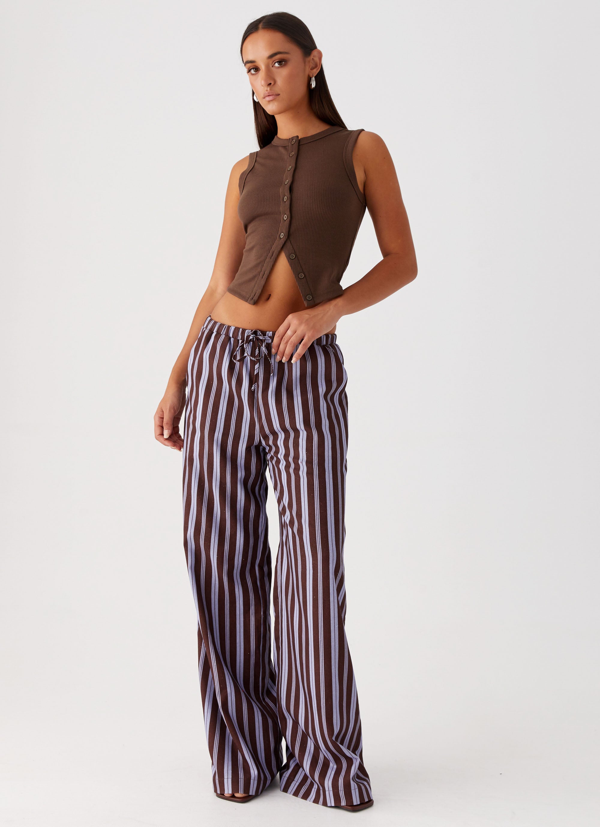 Fresh Face Linen Pants for Women - Soft & Breathable Purple Brown Striped Lounge Pants - Perfect for Yoga, Travel & Summer Comfort
