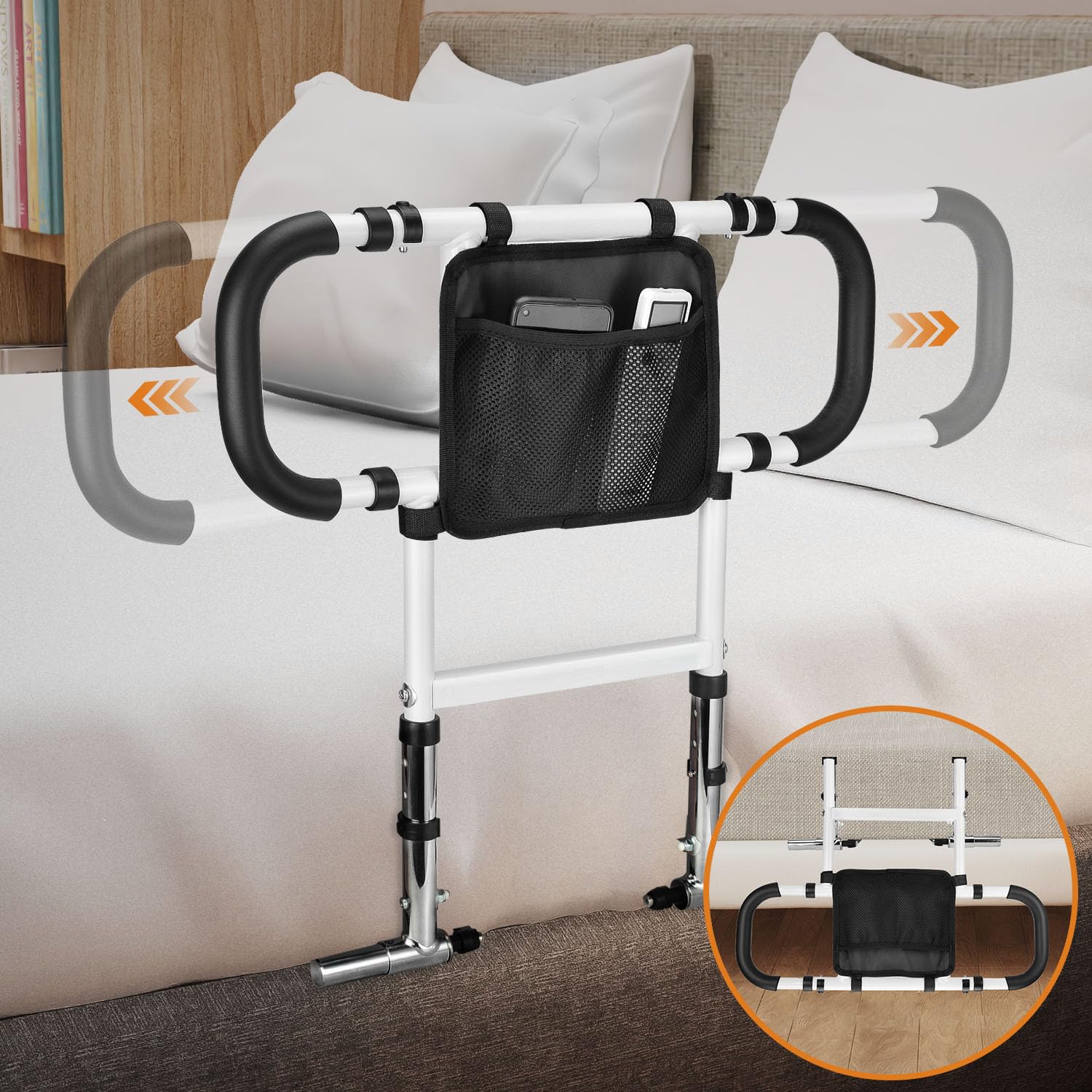 Foldable Retractable Bed Assist Rail for Elderly - Adjustable Height Safety Rail with Dual Grab Bars & Storage Pocket - Fits Medical, Queen & Twin Beds - Ideal for Home Care & Senior Safety