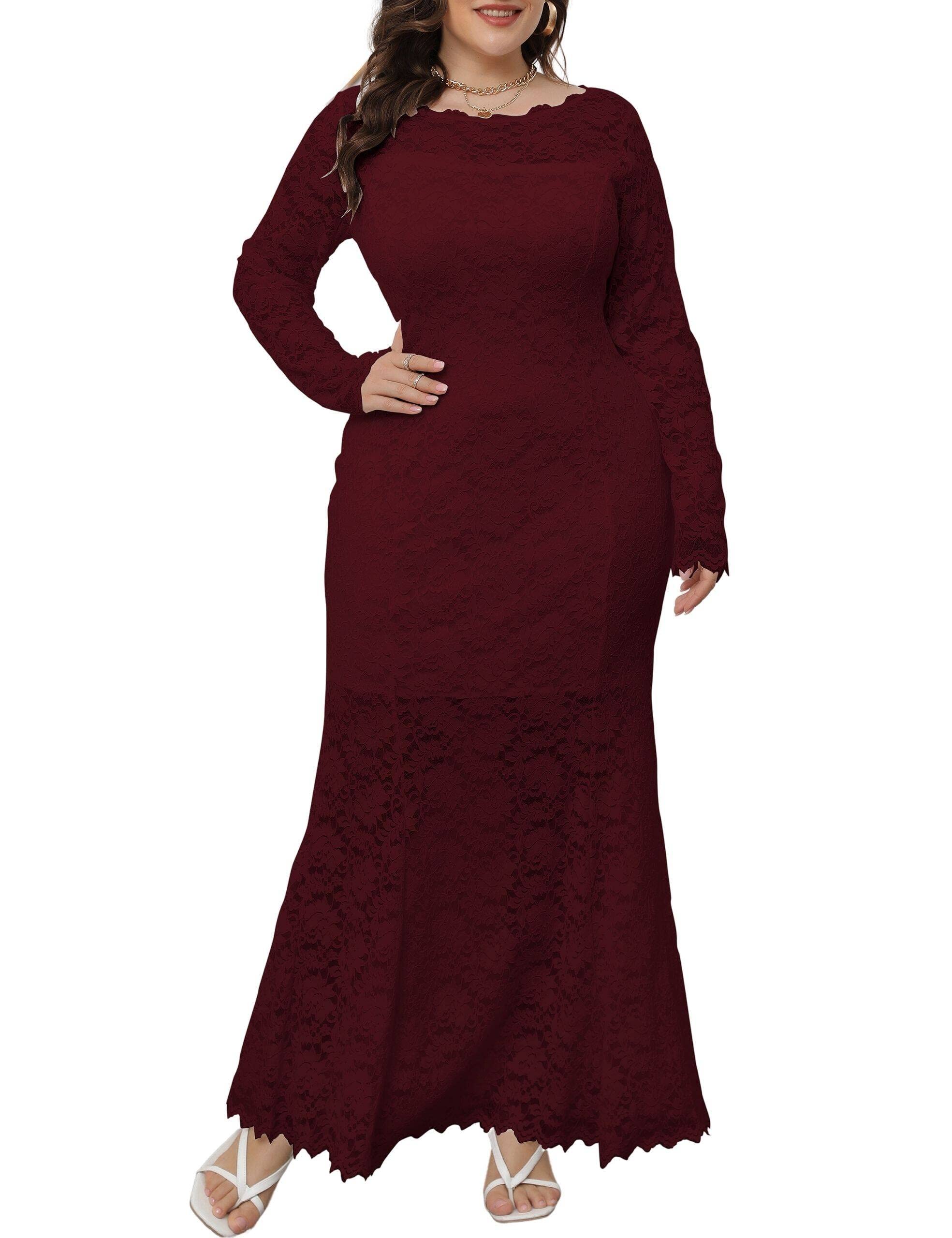 LERENSHA Women's Plus Size Lace Maxi Cocktail Dress - Long Sleeve Formal Evening Gown for Wedding Guest, Bridesmaid & Special Occasions | Elegant Party Dress for Prom, Banquet & Black Tie Events