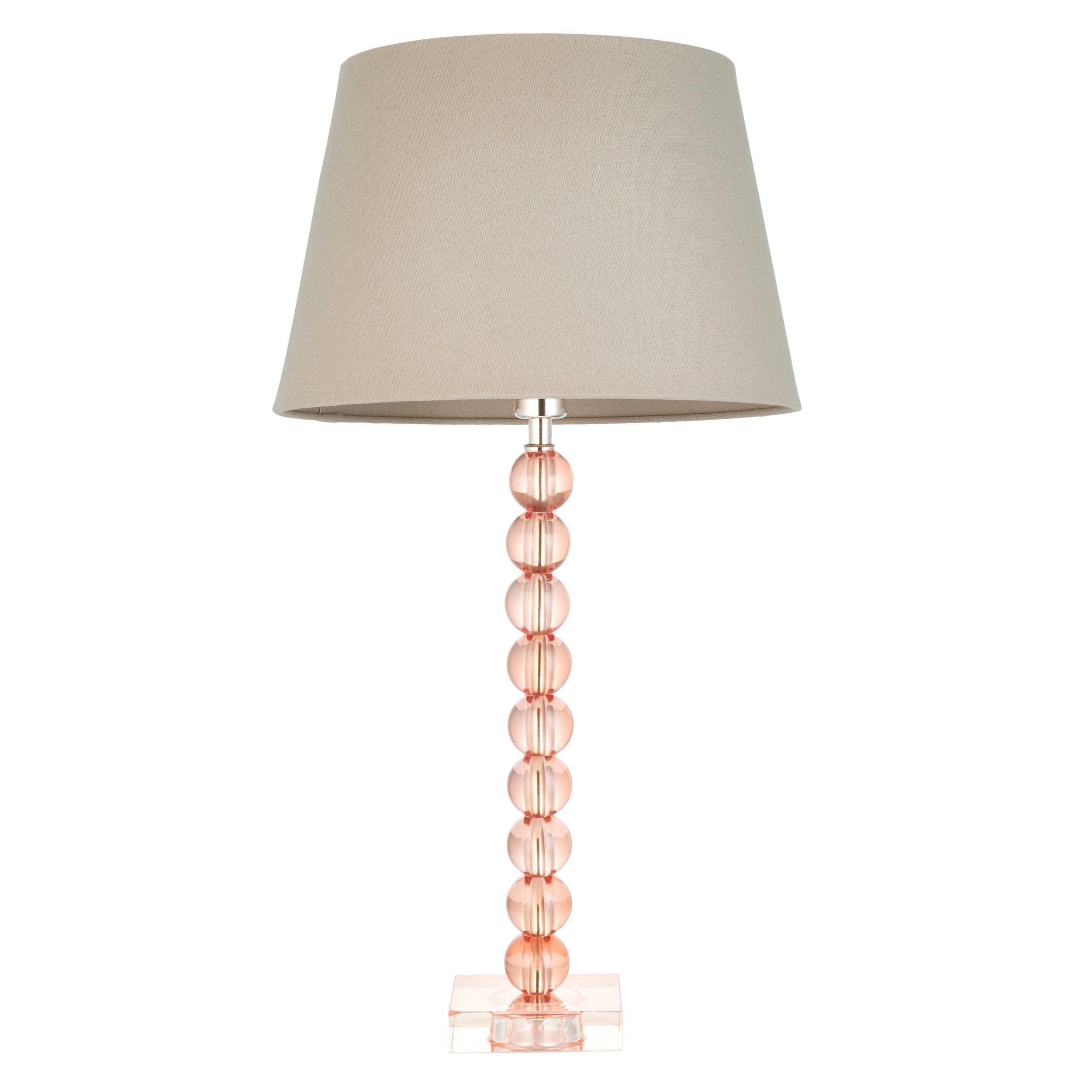 Adelie Blush Pink Tinted Crystal Glass Table Lamp with Grey Linen Shade - Elegant Bedside & Living Room Lighting for Home Decor