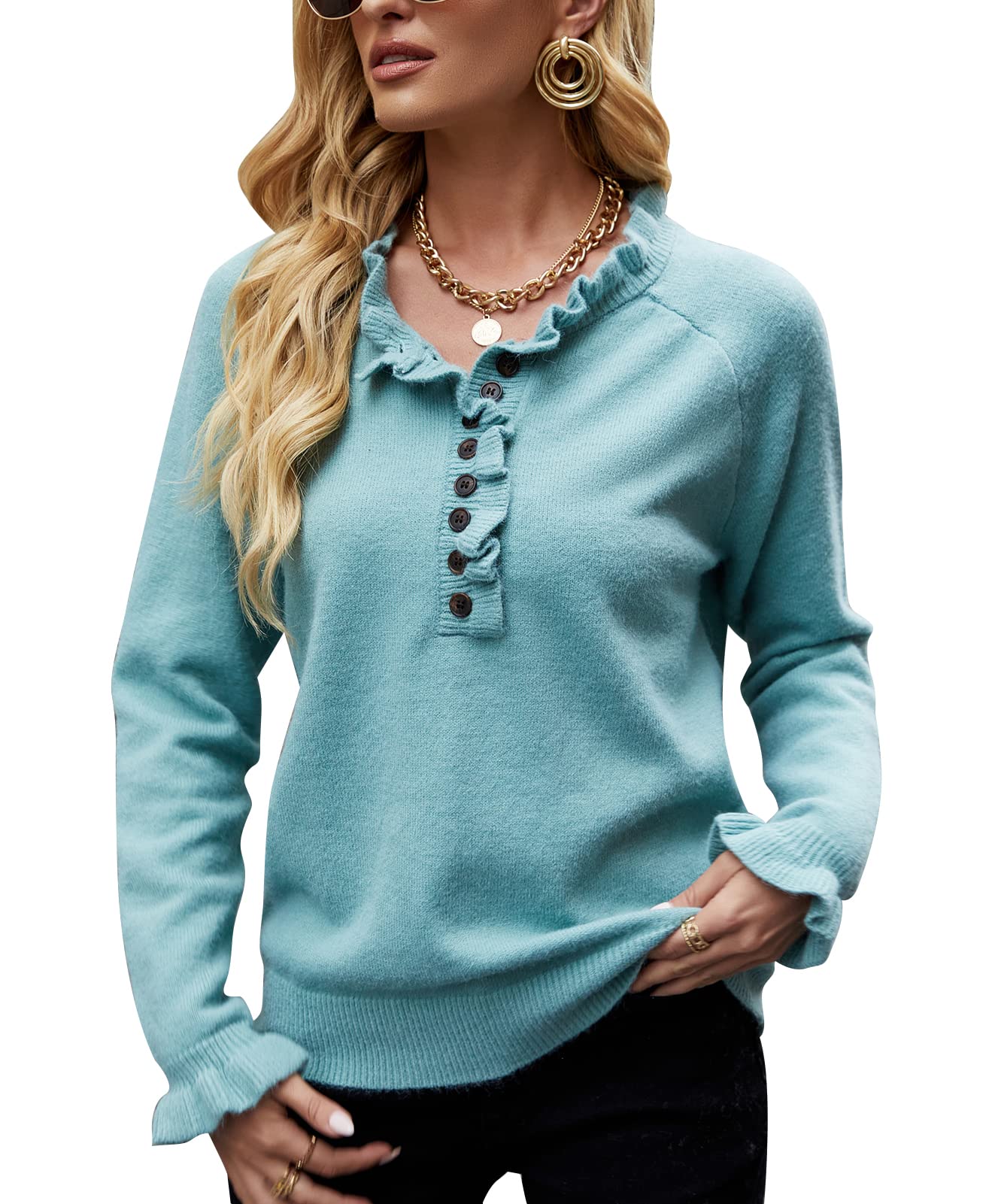 Women's Striped Knit Pullover Sweater - Long Sleeve Crewneck Button Down Casual Jumper Top for Fall & Winter | Office Wear, Date Night, Weekend Outfits