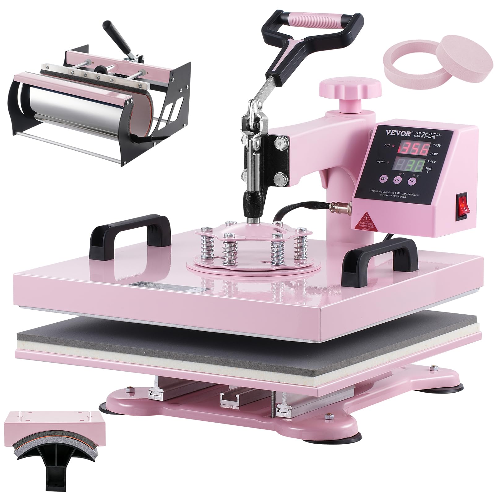 VEVOR 5 in 1 Heat Press Machine with 30 oz Tumbler Press, 15x15 Inch Digital Swing Away Heat Transfer Machine for T-Shirts, Mugs, Hats & Plates - Precise Temperature Control, Pink | DIY Crafts, Custom Apparel, Small Business Printing