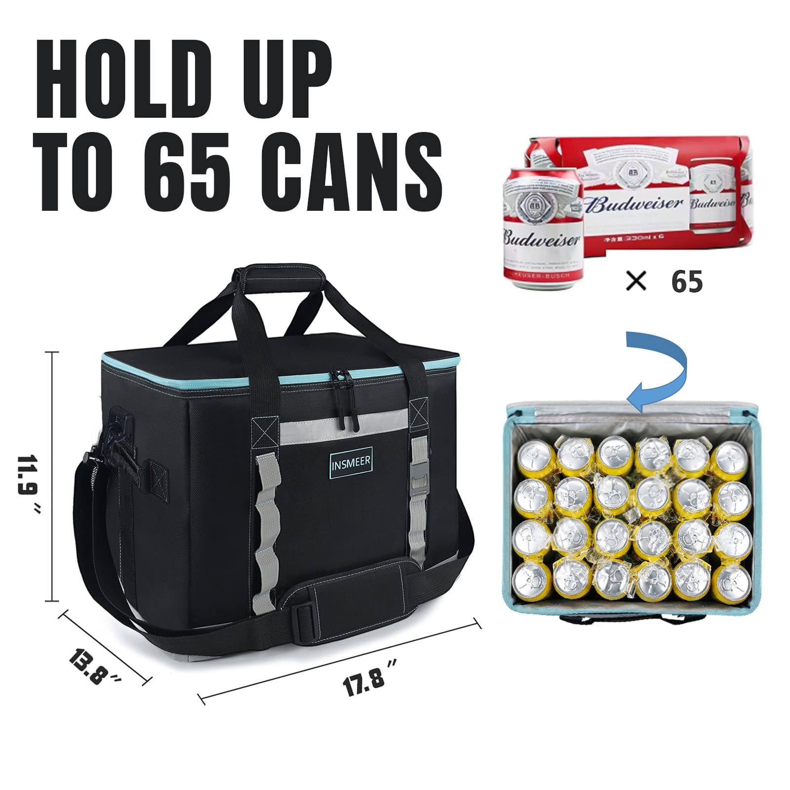 INSMEER Insulated Cooler Bag - 65/32 Can Capacity, Leakproof & Collapsible Soft-Sided Cooler with Shoulder Strap for Camping, Beach, Picnics, Food Delivery & Outdoor Activities | Portable Cooler for Drinks, Groceries & Meal Prep