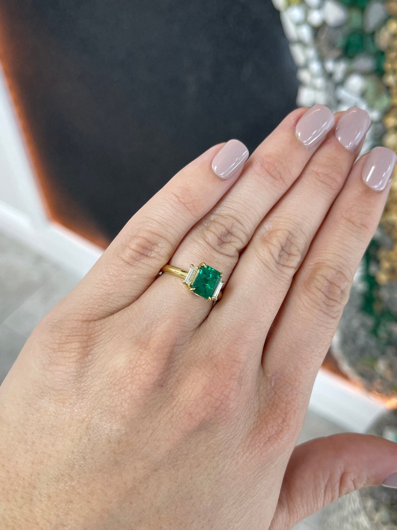 2.52tcw 18K Gold Natural Emerald Cut Diamond Baguette Three Stone Ring - Fine Quality Dark Green Gemstone Jewelry for Engagement, Anniversary & Special Occasions