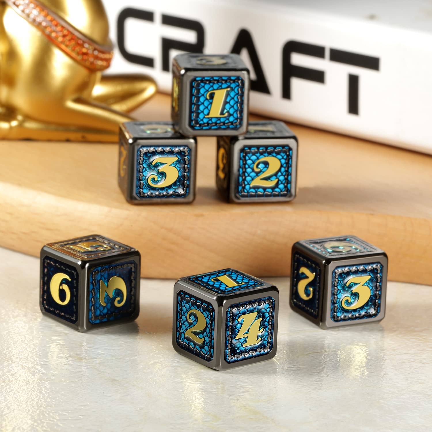 DNDND Dragon Scale D6 Metal Dice Set - 6PCs Teal & Black RPG Dice for DND, Pathfinder, Shadowrun, GURPS - Includes Free Black Velvet Bag - Perfect for Tabletop Gaming, Roleplaying & Collectors