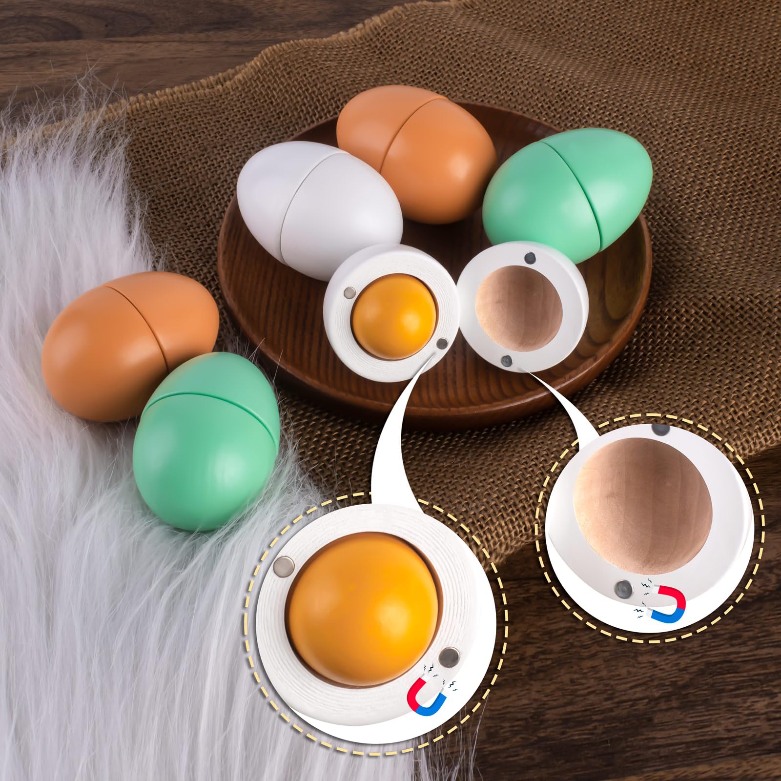 WHOHOLL Wooden Easter Play Eggs Toy - Magnetic Separable Yolk, Durable Wooden Play Food Set for Kids Kitchen, Pretend Play Kitchen Accessories for Toddlers (Boys & Girls) - Perfect for Easter Gifts, Birthday Presents & Montessori Learning Activities