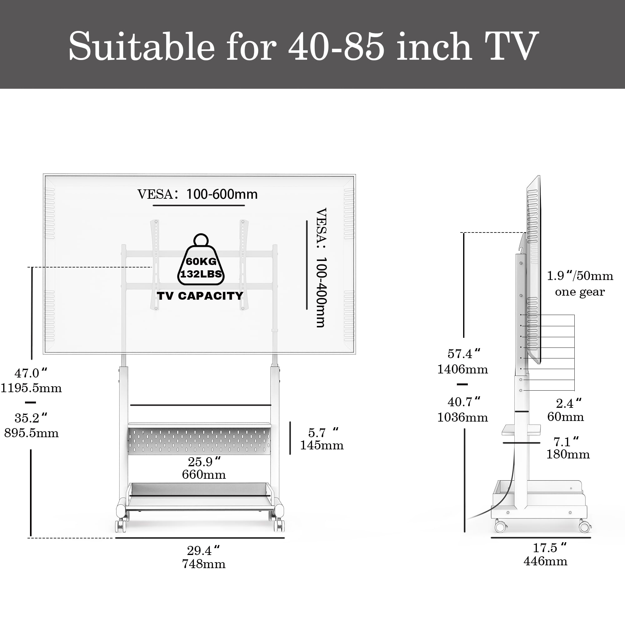 FITUEYES Rolling TV Stand for 40-85 Inch TVs - Mobile Floor TV Cart with Wheels & Wooden Shelf, Supports Up to 132 lbs - Perfect for Living Room, Bedroom, Office, or Dorm Room Entertainment Setup