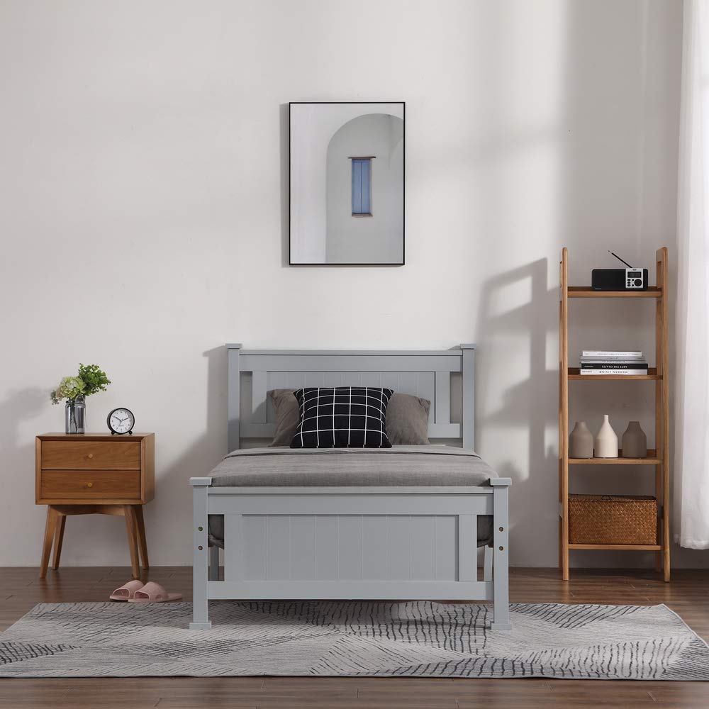 Bonnlo Twin Size Solid Wood Platform Bed Frame for Kids - Sturdy Single Bed with Headboard, No Box Spring Needed | Wood Slat Support Mattress Foundation in Gray | Perfect for Children's Bedrooms, Guest Rooms & Small Spaces