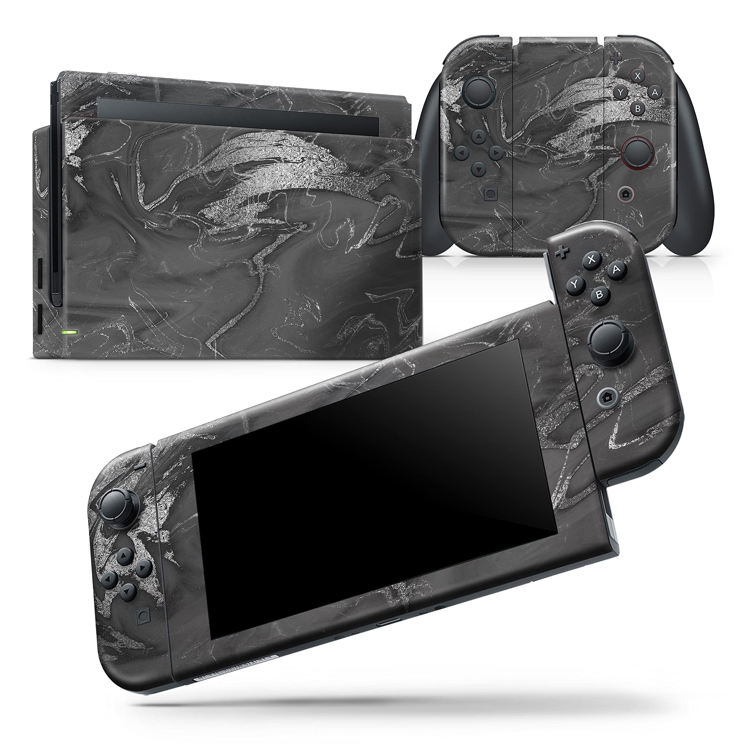 Nintendo Switch Protective Vinyl Wrap Cover - Black & Silver Marble Skin Decal - Scratch-Resistant Removable Console Bundle Accessory - Perfect for Gaming Protection & Customization