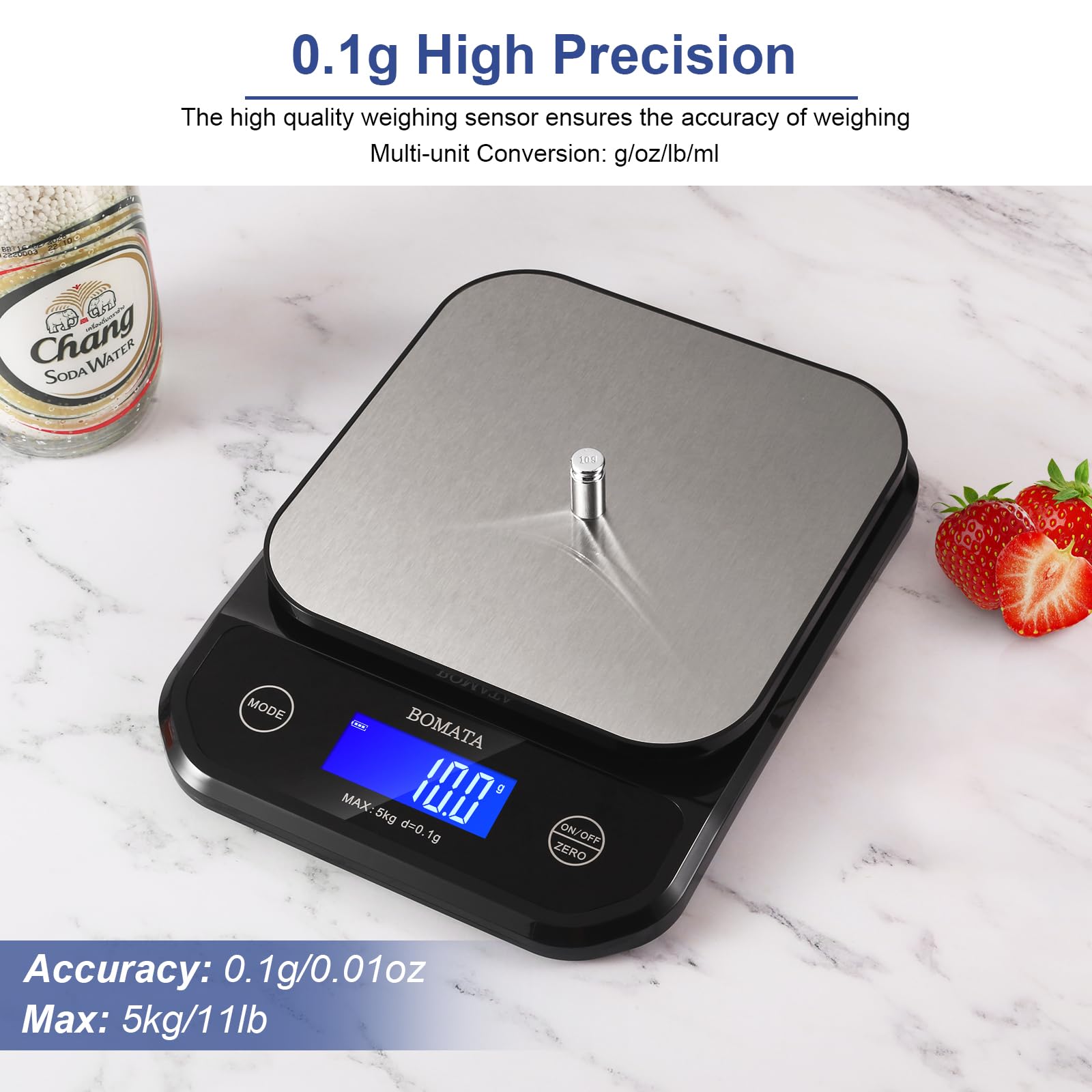 BOMATA Digital Kitchen Scale - 0.1g/0.01oz High Precision, 5kg/11lb Capacity, Waterproof & Washable, USB Rechargeable - Perfect for Food Measuring, Cooking, Baking, Weight Loss & Meal Prep