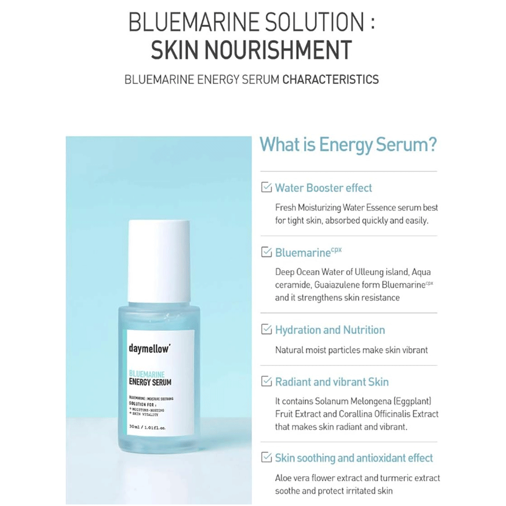 Daymellow Bluemarine Energy Serum 30ml - Hydrating Facial Serum with Marine Extracts for Glowing Skin | Perfect for Daily Skincare Routine & Anti-Aging Treatment