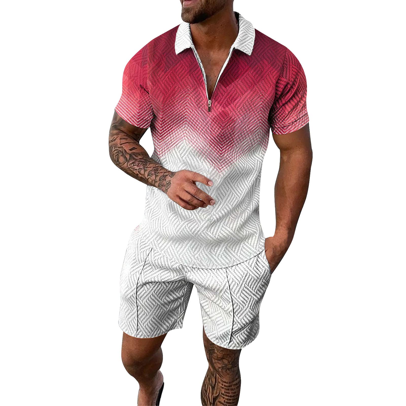 STRY Men's Gym Wear Set - Printed Short Sleeve Zip Shirt & Sweatpants for Workout, Running & Streetwear | Summer Sportswear for Casual & Athletic Style