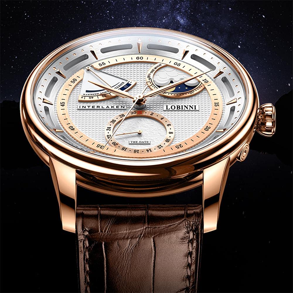 LOBINNI Men's Moon Phase Automatic Mechanical Watch - Waterproof Luxury Dress Wristwatch for Business & Formal Occasions