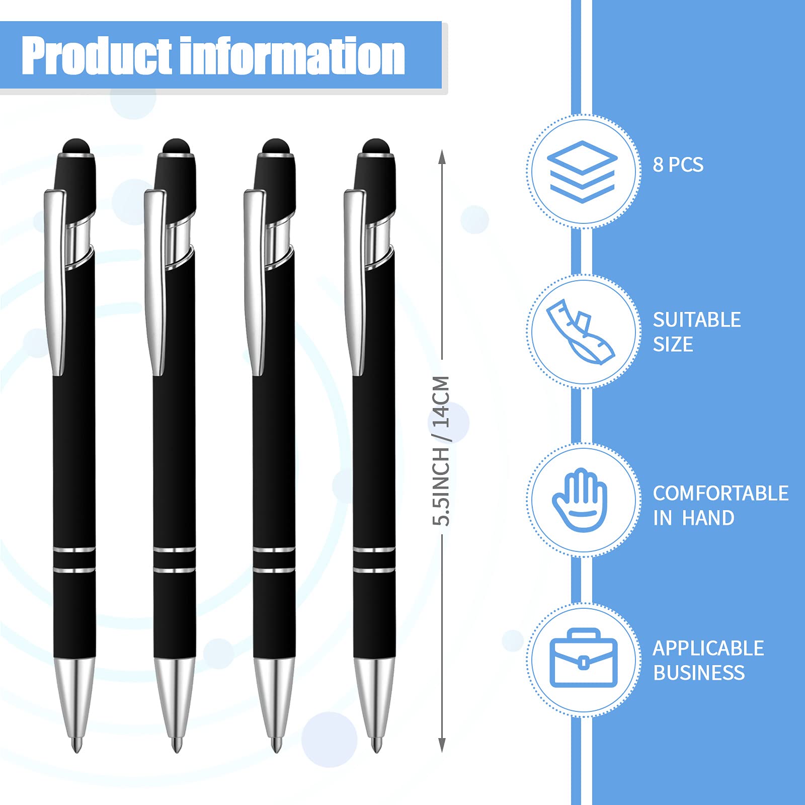 8-Pack Stylus Ballpoint Pens - 2-in-1 Touch Screen Pen & Smooth Writing 1.0mm Medium Point - Black Ink Metal Tip for Tablets, iPads, Smartphones - Perfect for Note-Taking, Drawing & Digital Signatures (Black)