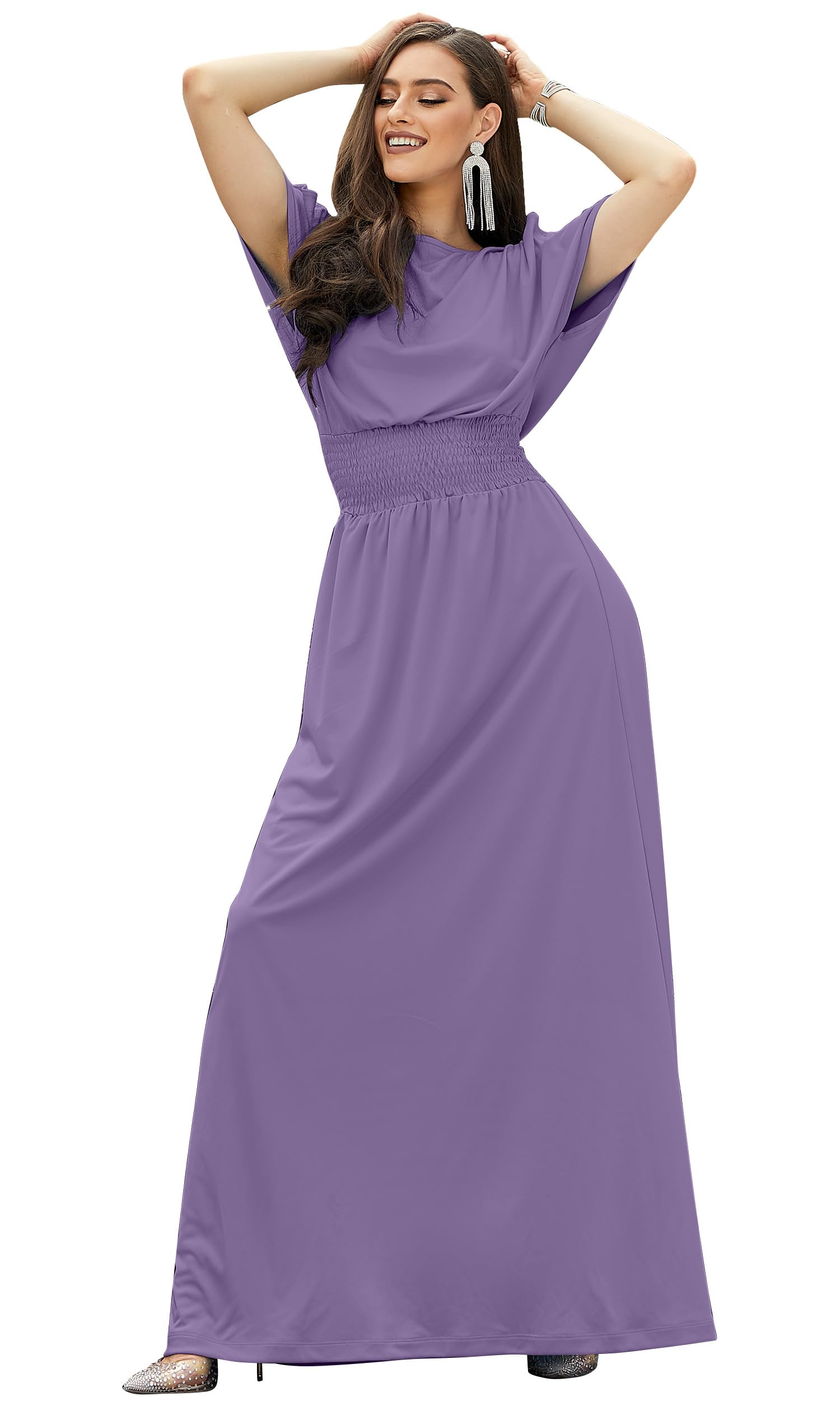 Elegant Women's Split Sleeve Smocked Cocktail Maxi Dress for Party, Wedding & Special Occasions | KOH KOH Long Formal Gown with Flattering Fit