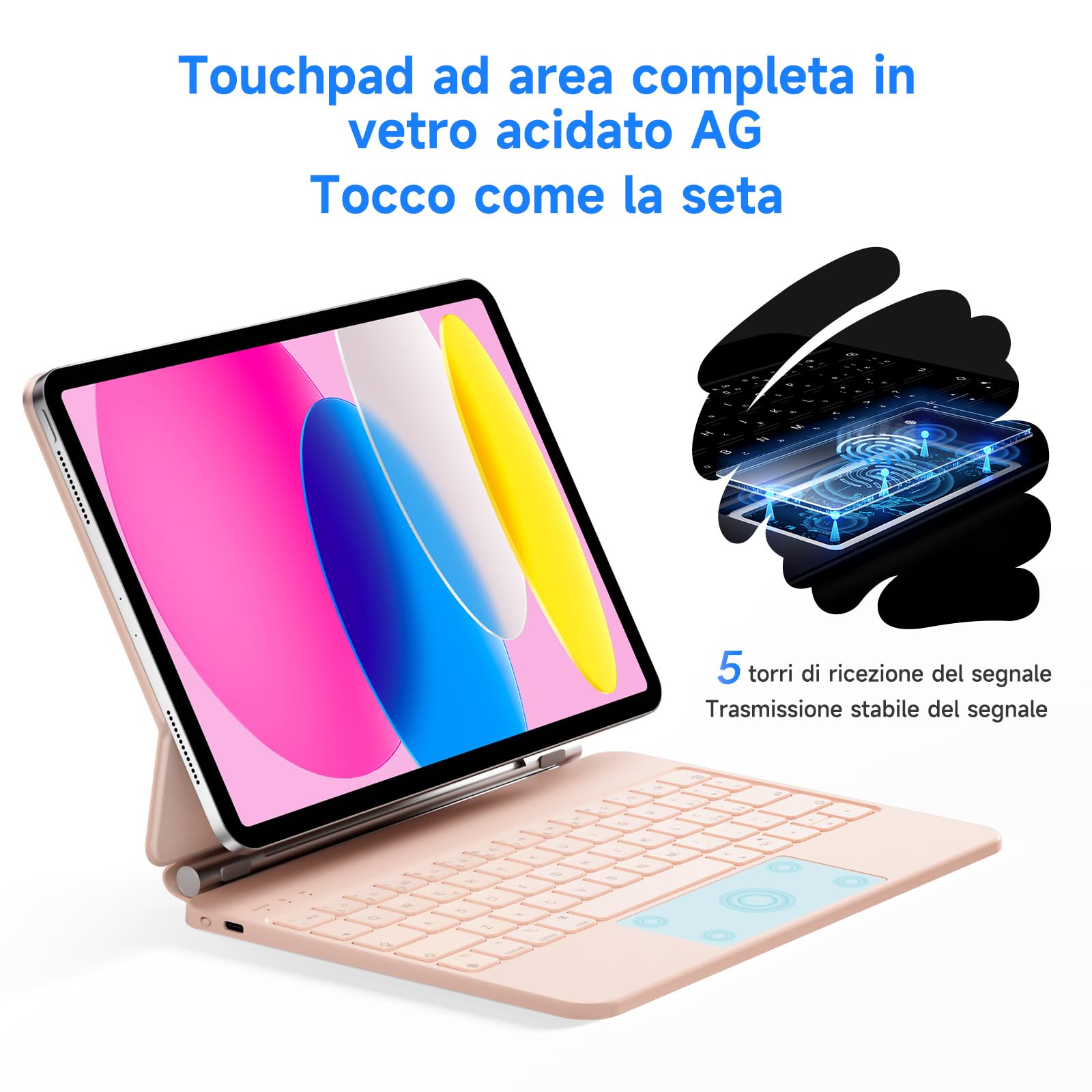 Magnetic Keyboard Case for iPad 10th/11th Gen (2022, 2025 A16) - Multi-Touch Trackpad, 7-Color Backlit, Italian Layout, Pink | Protective Cover with Wireless Charging | Perfect for Work, Study & Travel