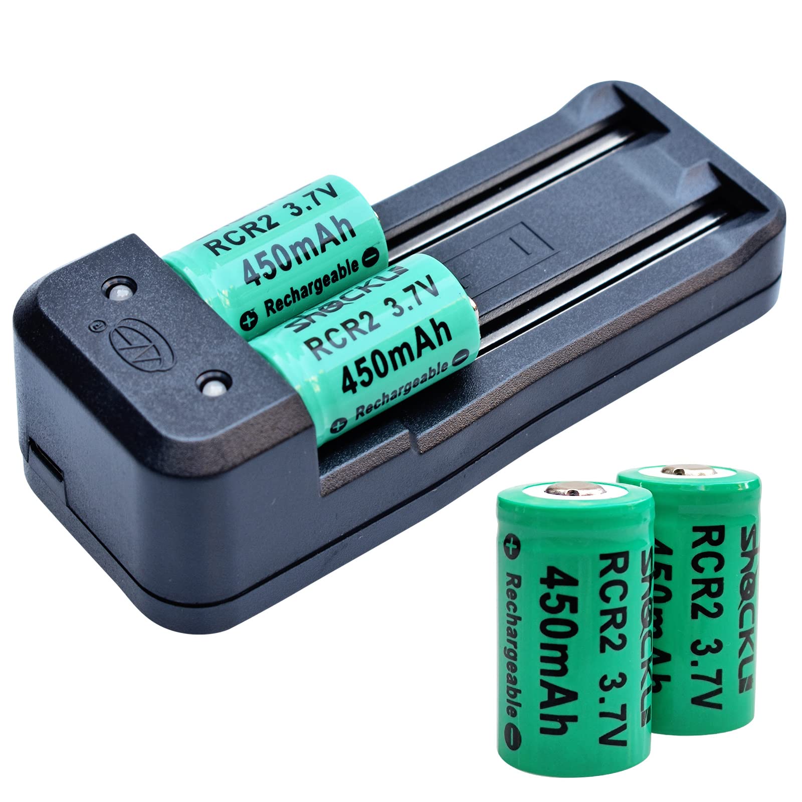 Shockli CR2 Rechargeable Lithium Batteries 450mAh 3.7V - 4-Pack with 2-Slot Fast Charger - High Performance for Digital Cameras, Flashlights & Security Devices (Not Compatible with Arlo Batteries)