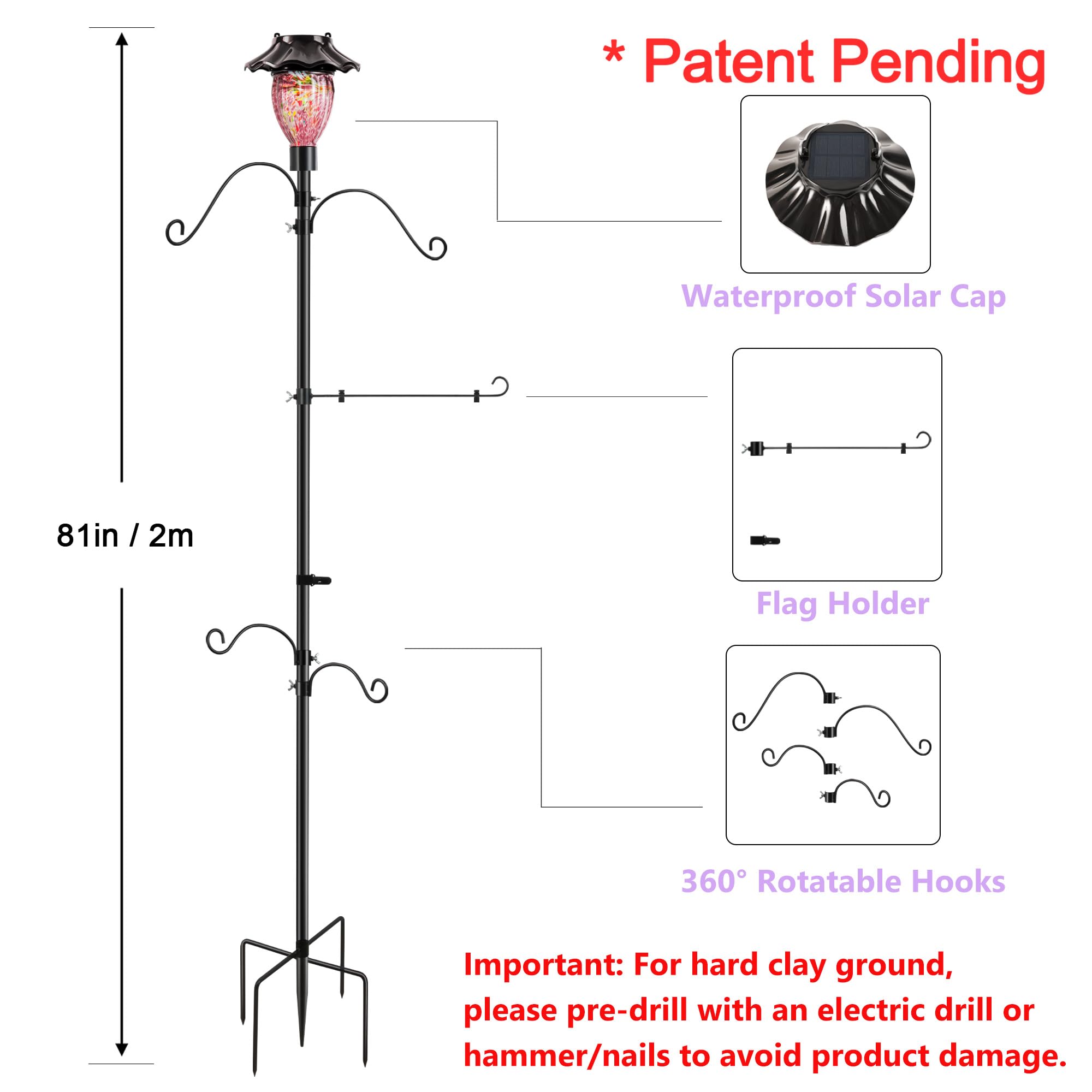 LUJII Solar Shepherd Hooks for Outdoor Garden Decor - Adjustable Bird Feeder Pole with 4 Hangers & Flag Holder - Perfect for Hummingbird Feeders, Wind Chimes, Plant Baskets & Lanterns (Purple) - Ideal for Backyard, Patio & Landscape Decoration