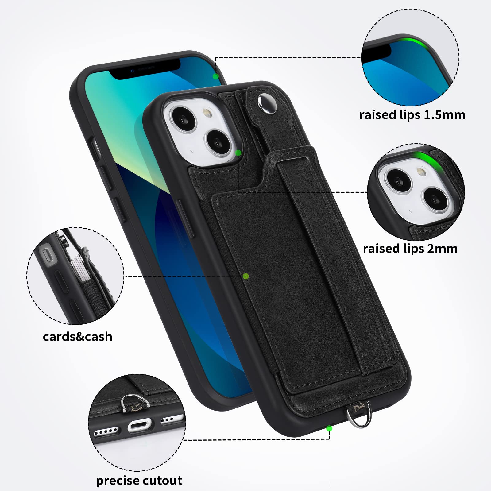TOOVREN iPhone 13 Wallet Case with Card Holder & Phone Lanyard - PU Leather Protective Cover with Stand for iPhone 13 (6.1 Inch) - Black - Perfect for Everyday Use, Travel & Hands-Free Convenience (Men & Women)