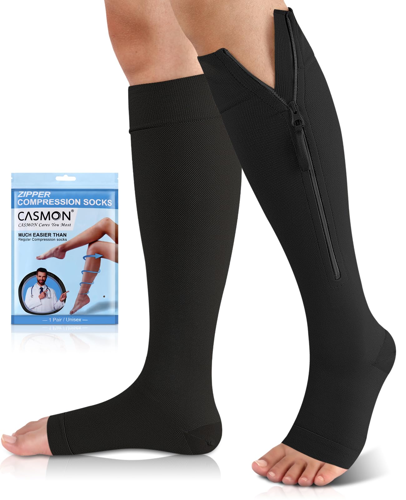 CASMON 15-20mmHg Compression Socks for Women & Men - Knee High Medical Support Stockings for Varicose Veins, Post-Surgery Recovery, Swelling Relief - Ideal for Nurses, Pregnancy & Travel (1 Pair) - Open Toe Design for Comfort & Breathability
