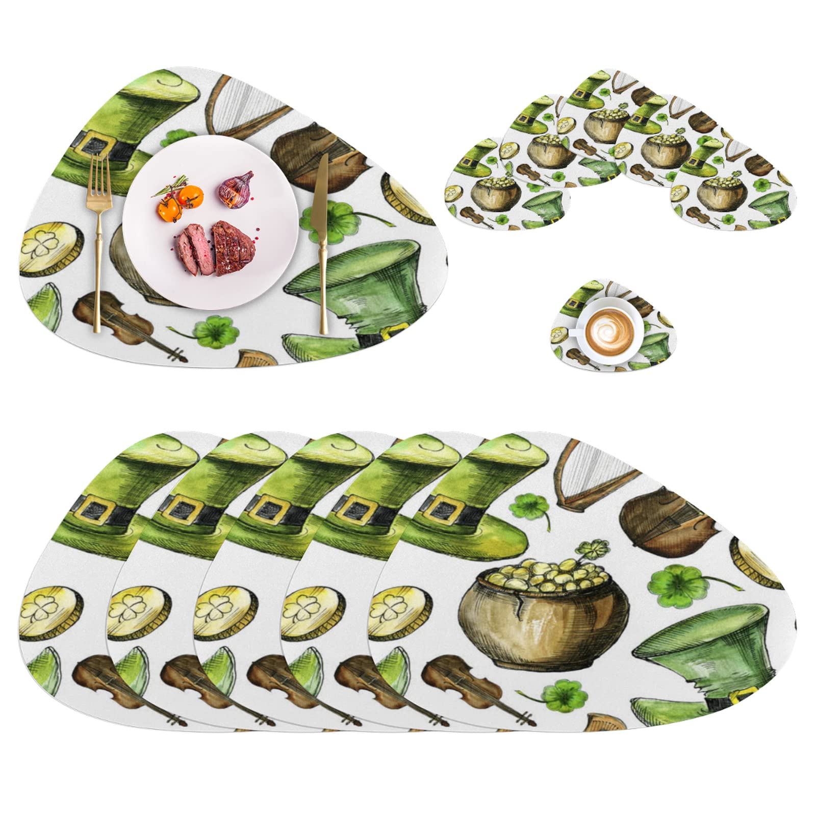 St. Patrick's Day Round Leather Placemats Set of 6 with Coasters - Heat Resistant, Non-Slip Quatrefoil Design for Parties, BBQ, Holidays & Home Decor