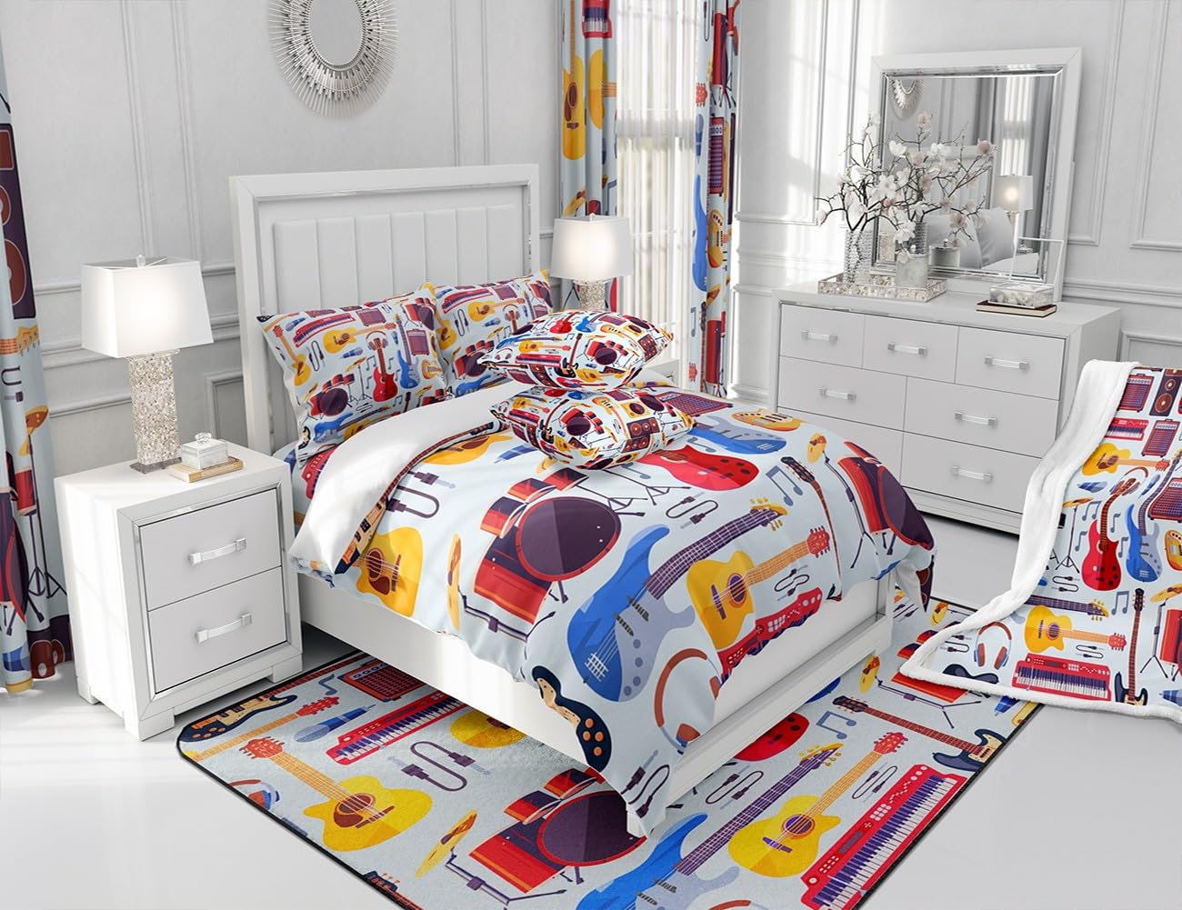 Manfei Musical Kids Fitted Sheet Queen Size - Guitar Radio Drum Kit Headset Print 3-Piece Bedding Set for Boys & Girls | Soft Polyester Rock Music Bed Cover with 2 Pillowcases | Perfect for Kids' Rooms, Music Lovers & Themed Bedrooms