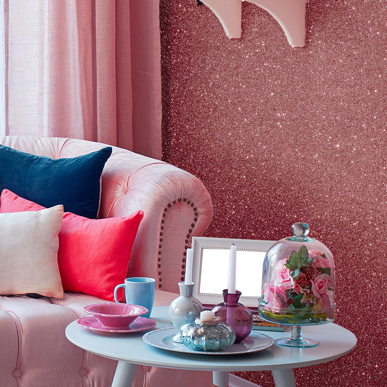 VEELIKE Shimmer Rose Gold Glitter Wallpaper Roll 15.7''x354'' - Peel and Stick Self-Adhesive Removable Wallpaper for Walls, Cabinets, Furniture - Sparkly Decorative Contact Paper for Bedroom, Art, Crafts & DIY Home Decor - Perfect for Accent Walls, Dressers, and Creative Projects