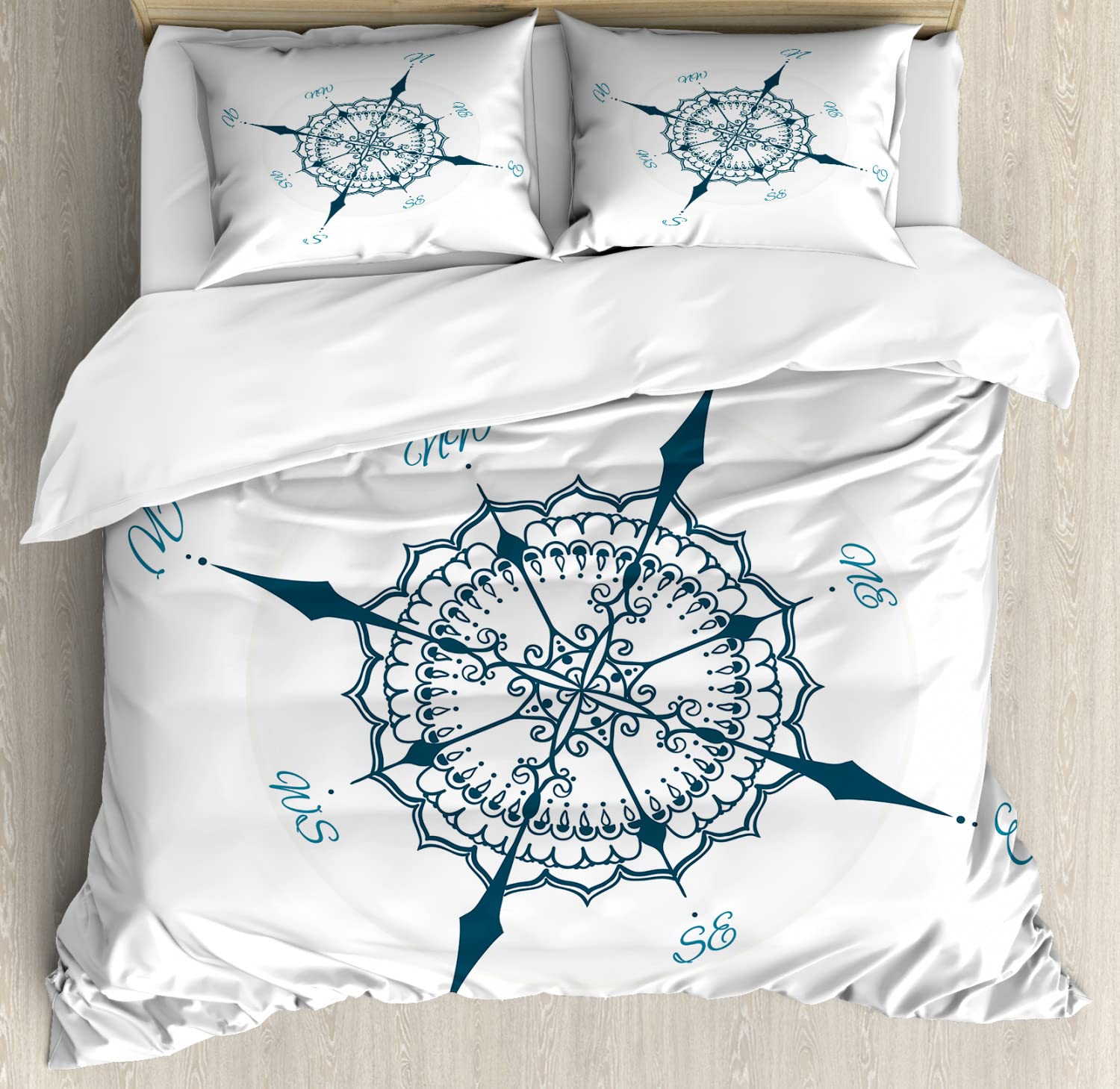 Ambesonne Compass Duvet Cover Set - Queen Size 2-Piece Bedding Set with 4 Pillowcases, Hand-Drawn Windrose Floral Design in Cream & Dark Green - Nautical Theme for Coastal & Boating Enthusiasts - Perfect for Guest Rooms, Beach Houses & Maritime Decor