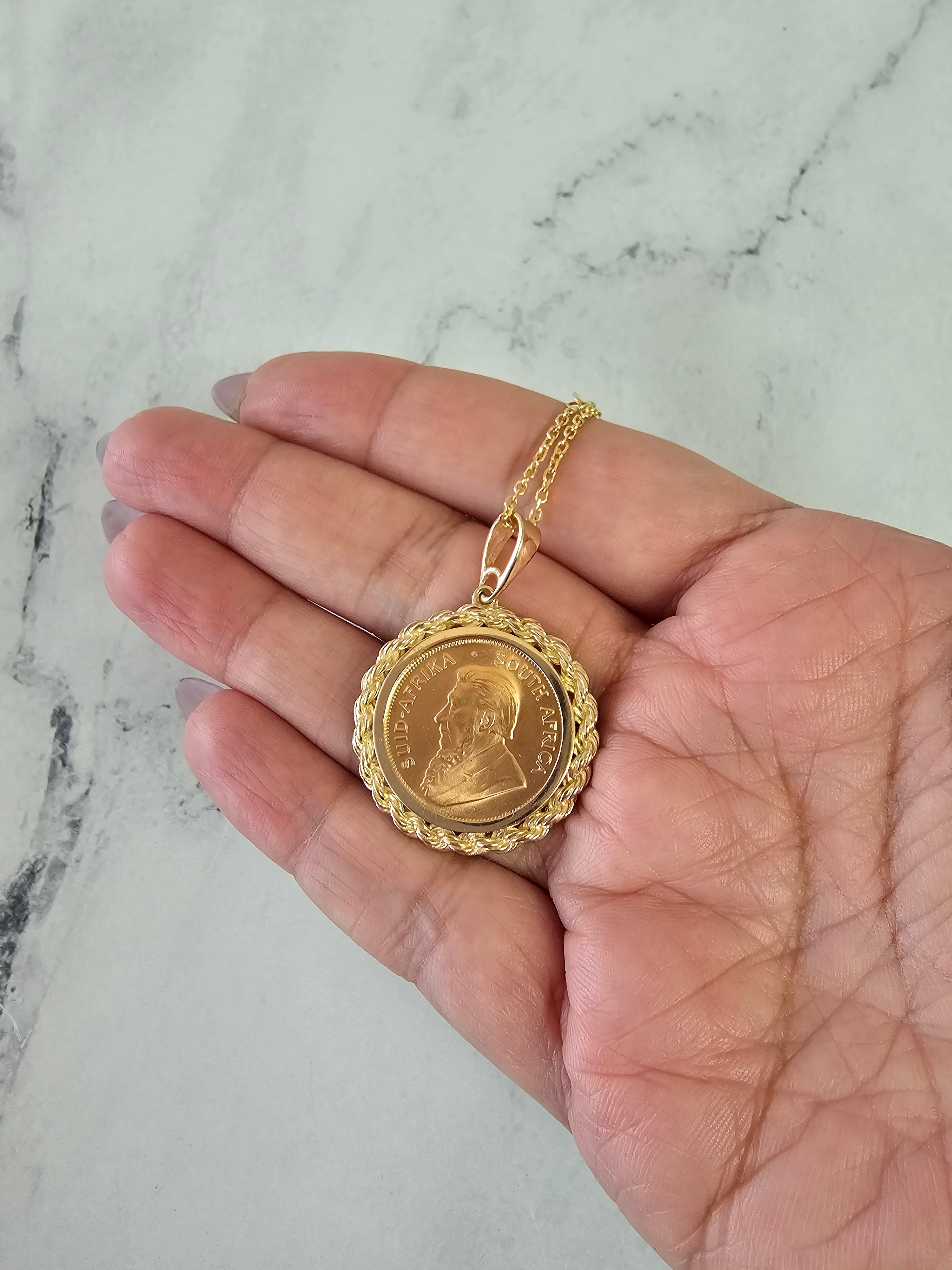 1/4 oz South African Krugerrand Coin Necklace with Rope Halo - Gold Bullion Jewelry for Men & Women, Perfect for Gifts, Investment & Fashion Accessories