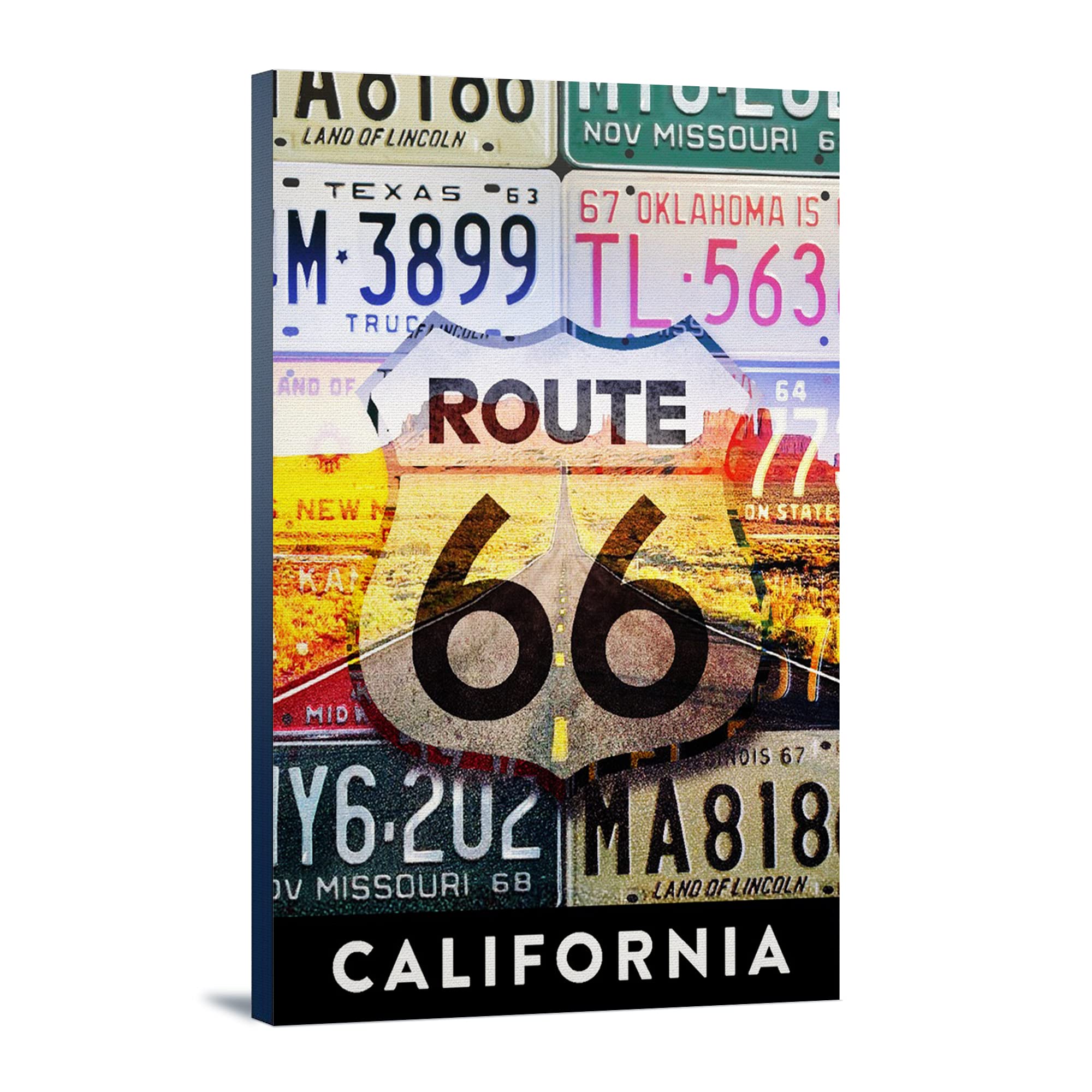 California Route 66 License Plate Wall Art - 24x36 Stretched Canvas Print - Vintage Highway Road Decor for Man Cave, Garage, or Office
