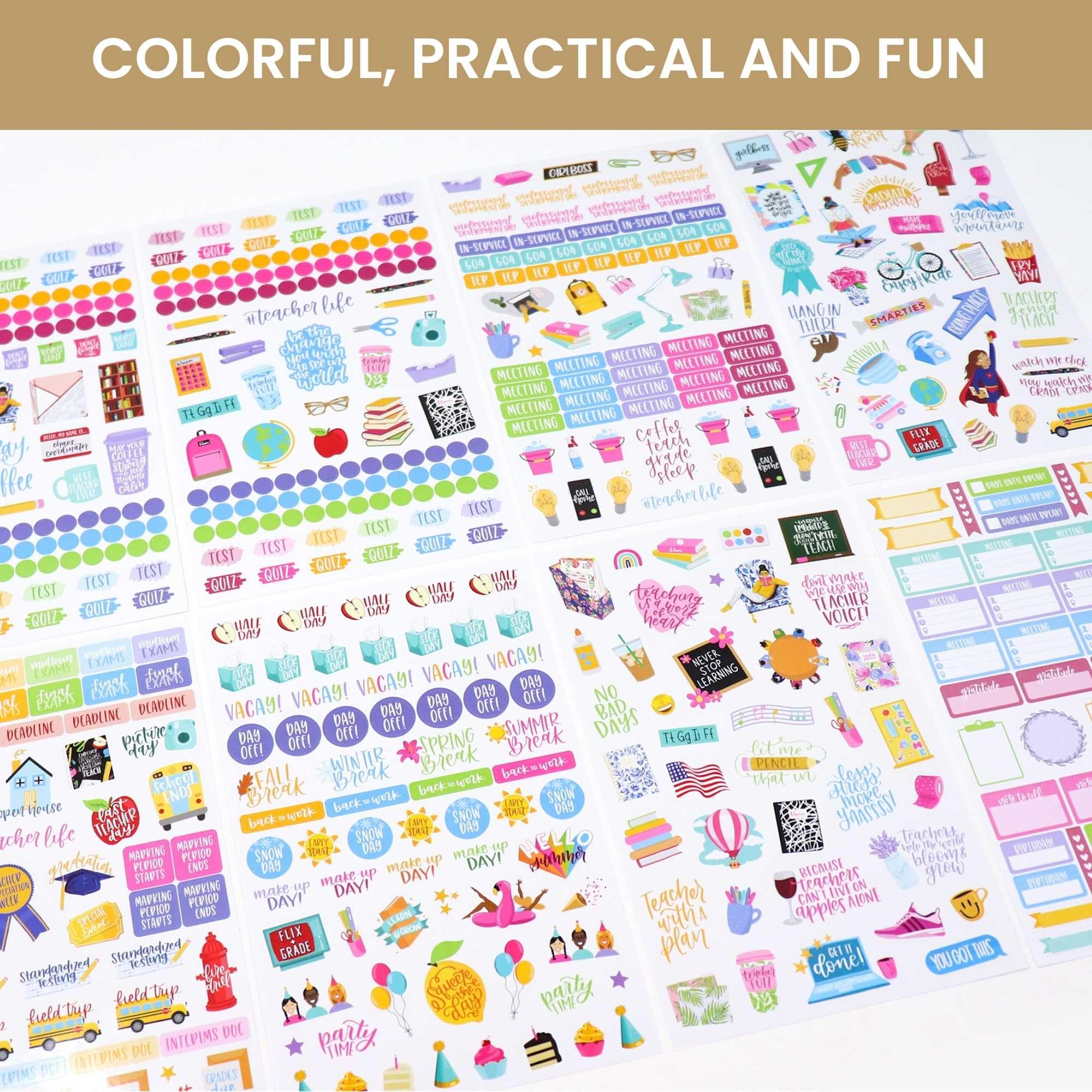 Bloom Daily Planners Teacher Sticker Pack - 586 School Themed Planning Stickers for Educators, Homeschool & Classroom Organization (8 Sheets) - Perfect for Lesson Plans, Grade Books & Teacher Planners