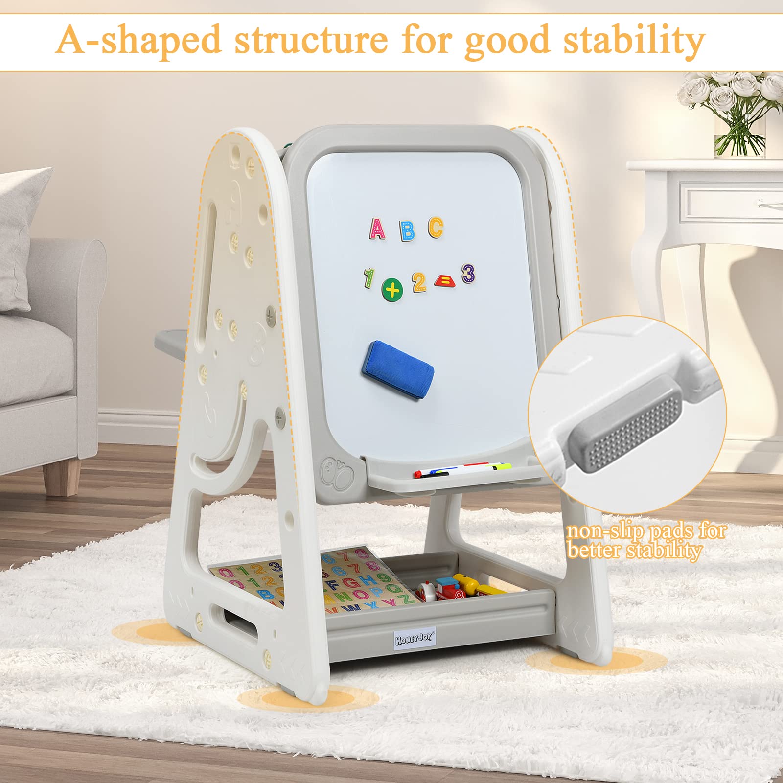 LDAILY 4-in-1 Kids Art Easel Set with Adjustable Magnetic Dry Erase Board, Chair, Markers & Letter Magnets - Double-Sided Standing Drawing Board for Toddlers & Preschoolers - Perfect for Home, Classroom & Creative Play (Grey)