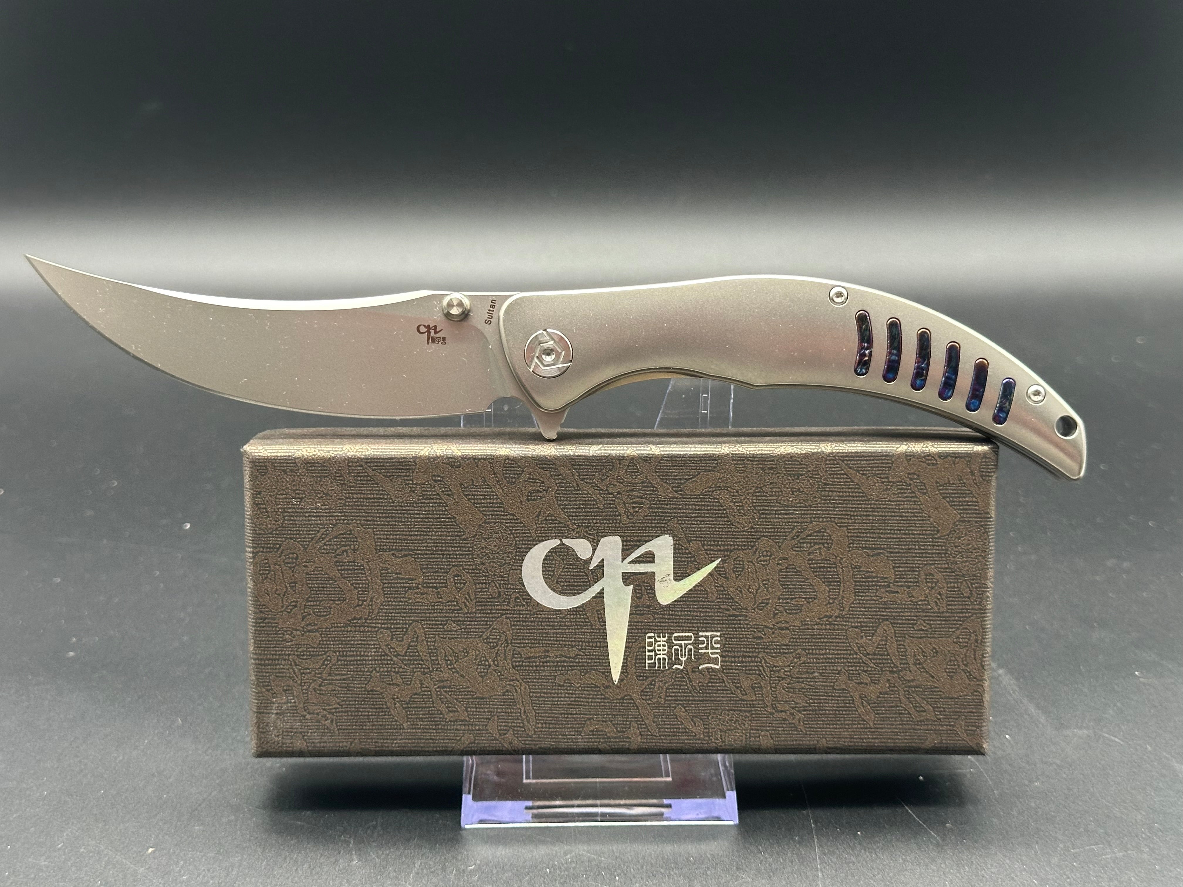 CH Knives Sultan Folding Knife - Grey Titanium Handle, S35VN Steel Plain Edge - EDC, Outdoor Camping, Survival & Tactical Use