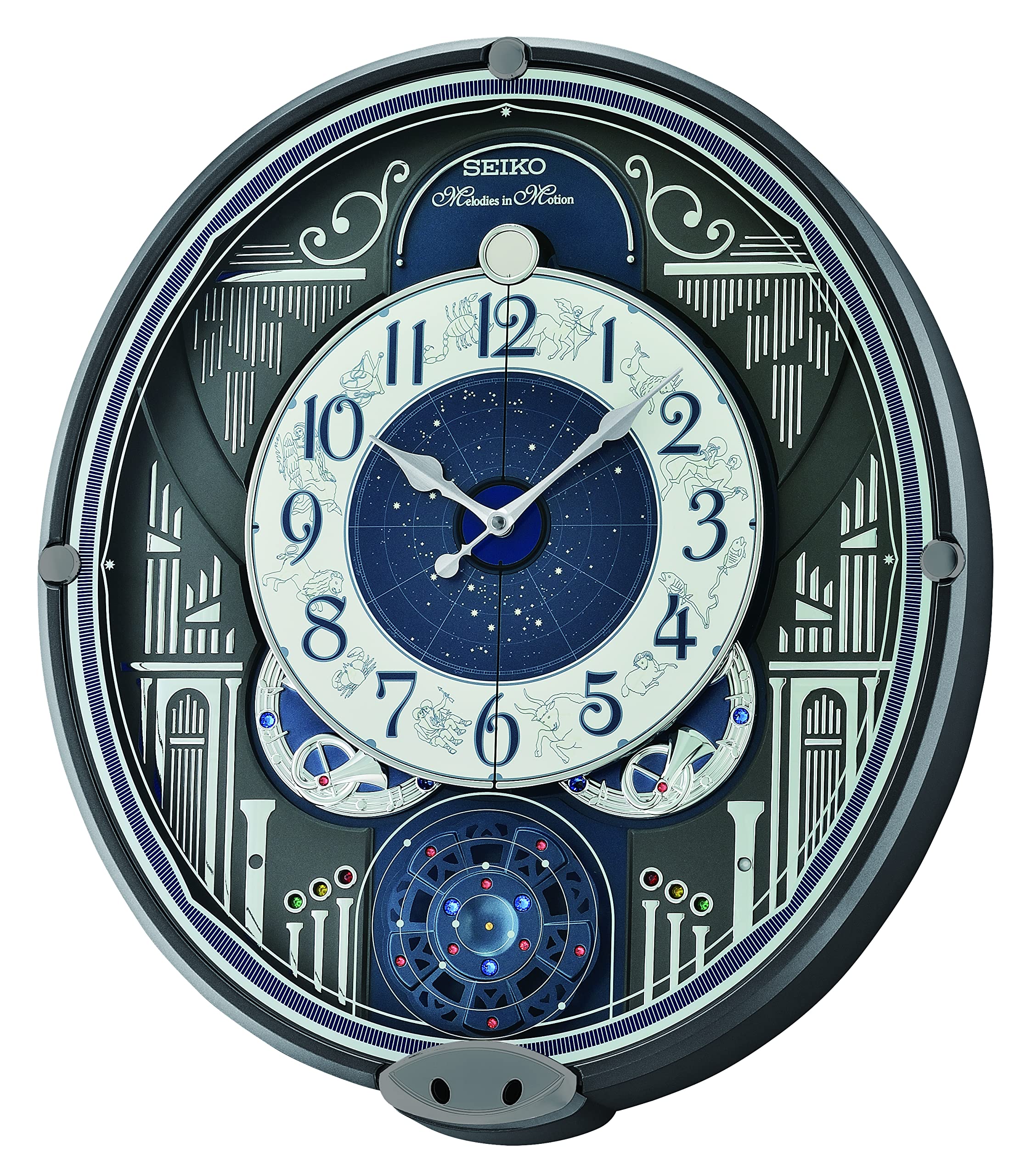 Seiko Melodies in Motion Wall Clock with Galaxy Design - Battery Operated Musical Quartz Clock for Living Room, Bedroom & Office Decor