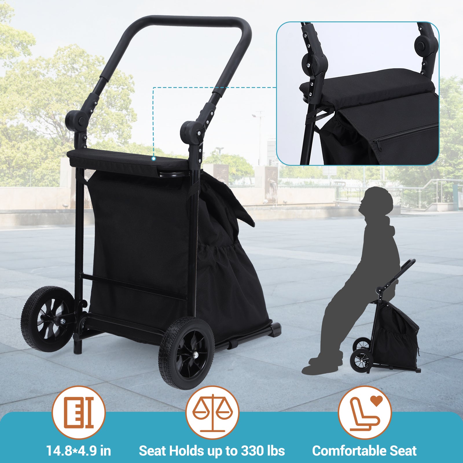 GARVEE 2 in 1 Foldable Grocery Cart with Cushioned Seat - Heavy Duty Hand Truck with Removable Waterproof Bag - Portable Utility Trolley for Shopping, Laundry & Outdoor Use - Rolling Shopping Cart for Supermarket, Beach & Picnic