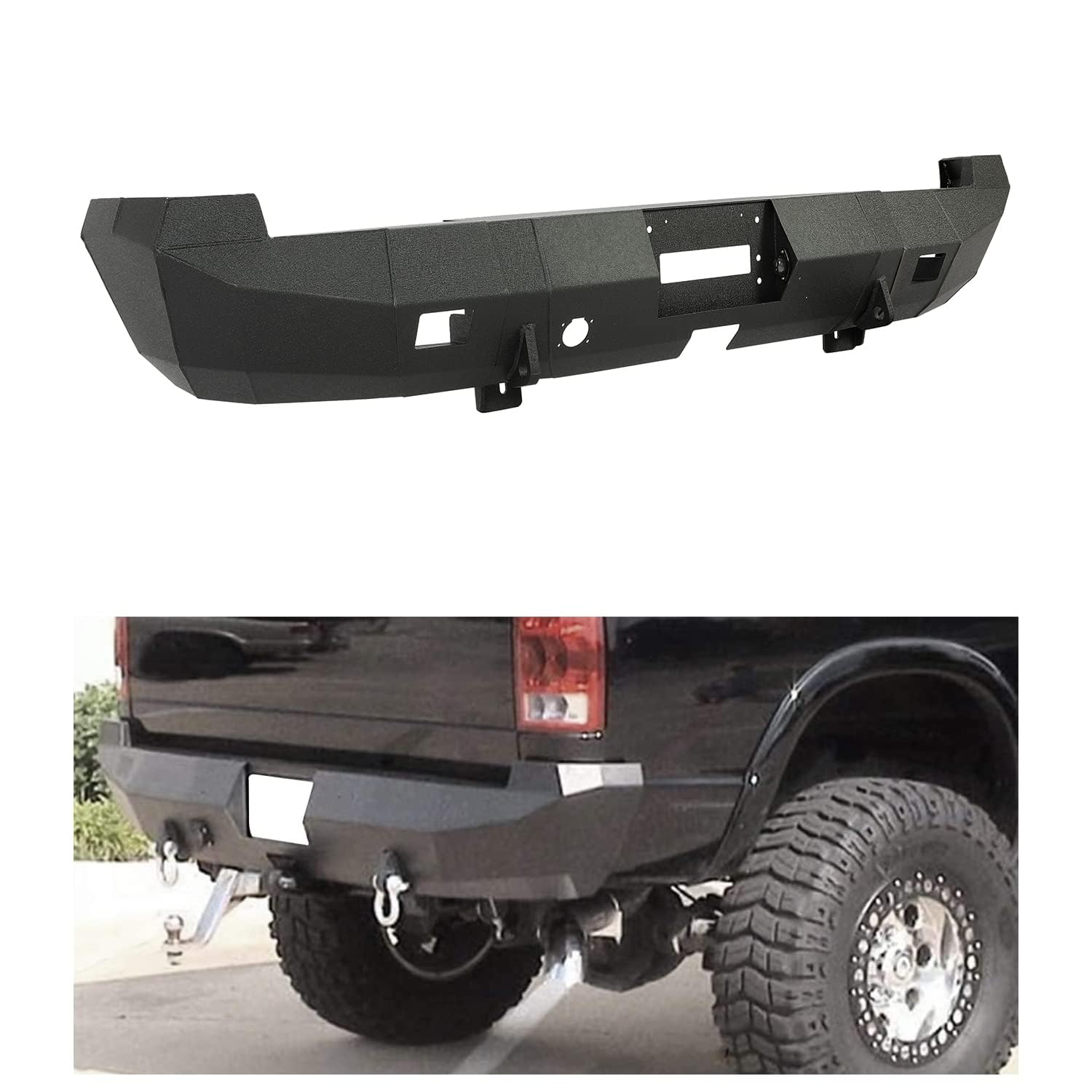 KUAFU Heavy Duty Steel Rear Bumper with License Plate Lights - Compatible with 2002-2008 Ram 1500 & 2003-2009 Ram 2500/3500/4500/5500 Trucks - Winch Ready 3-Piece Bumper Kit (2 Packages) - Perfect for Off-Roading, Towing & Truck Upgrades