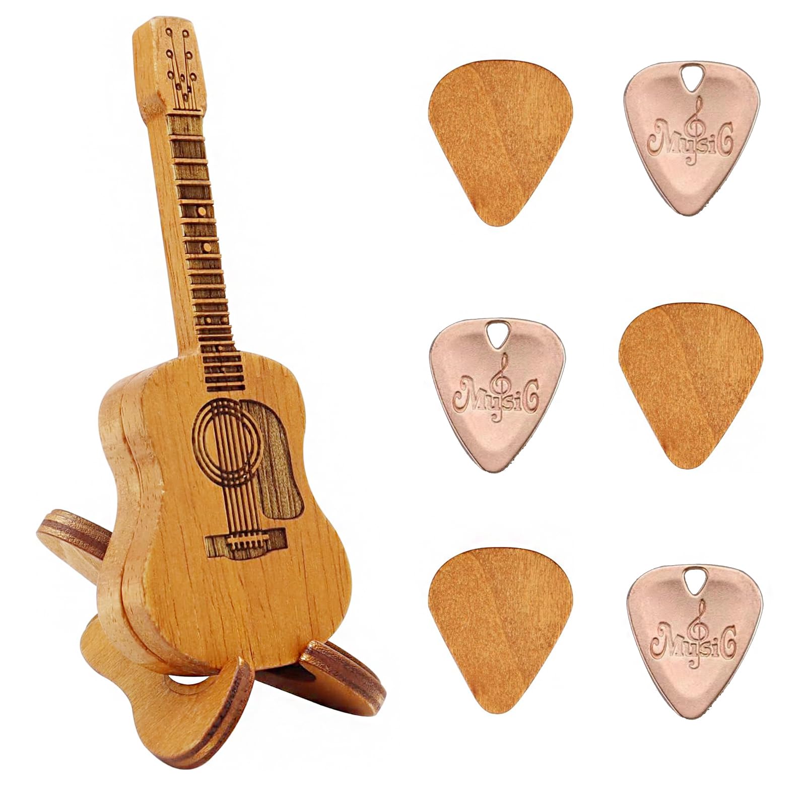 Sherum Strum Box - Wooden Guitar Pick Box with Stand & 6-Pick Holder | Compact Guitar Pick Storage Case for Acoustic/Electric Guitar Accessories | Perfect for Musicians, Guitarists & Music Lovers (Home, Studio, Stage Use)