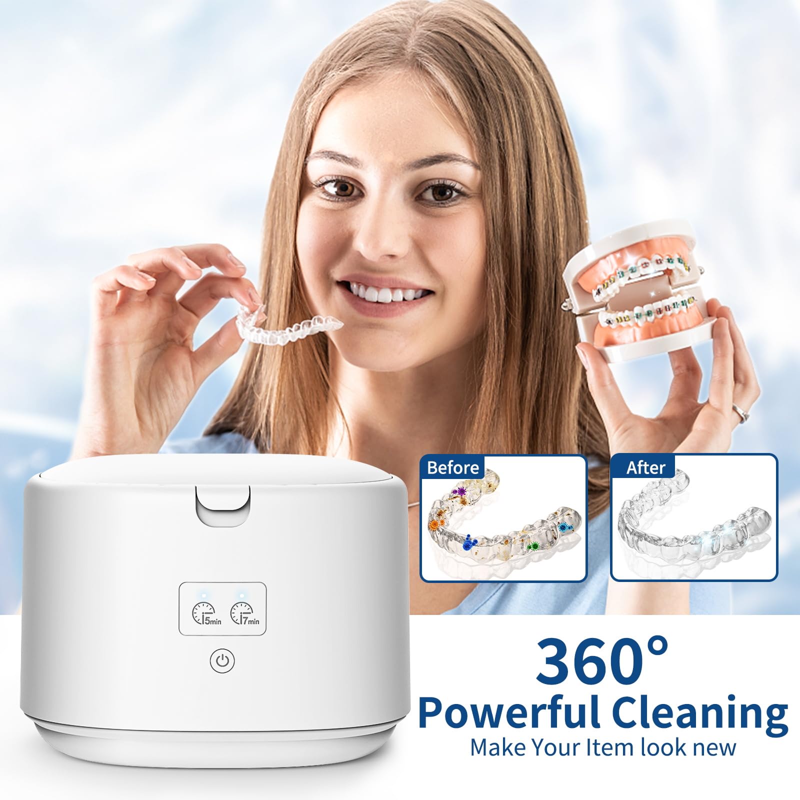 Portable Ultrasonic Cleaner for Dentures, Retainers & Jewelry - 45kHz Stainless Steel Cleaner with 8oz Capacity | Perfect for Dental Appliances, Mouth Guards & Small Jewelry at Home or Travel