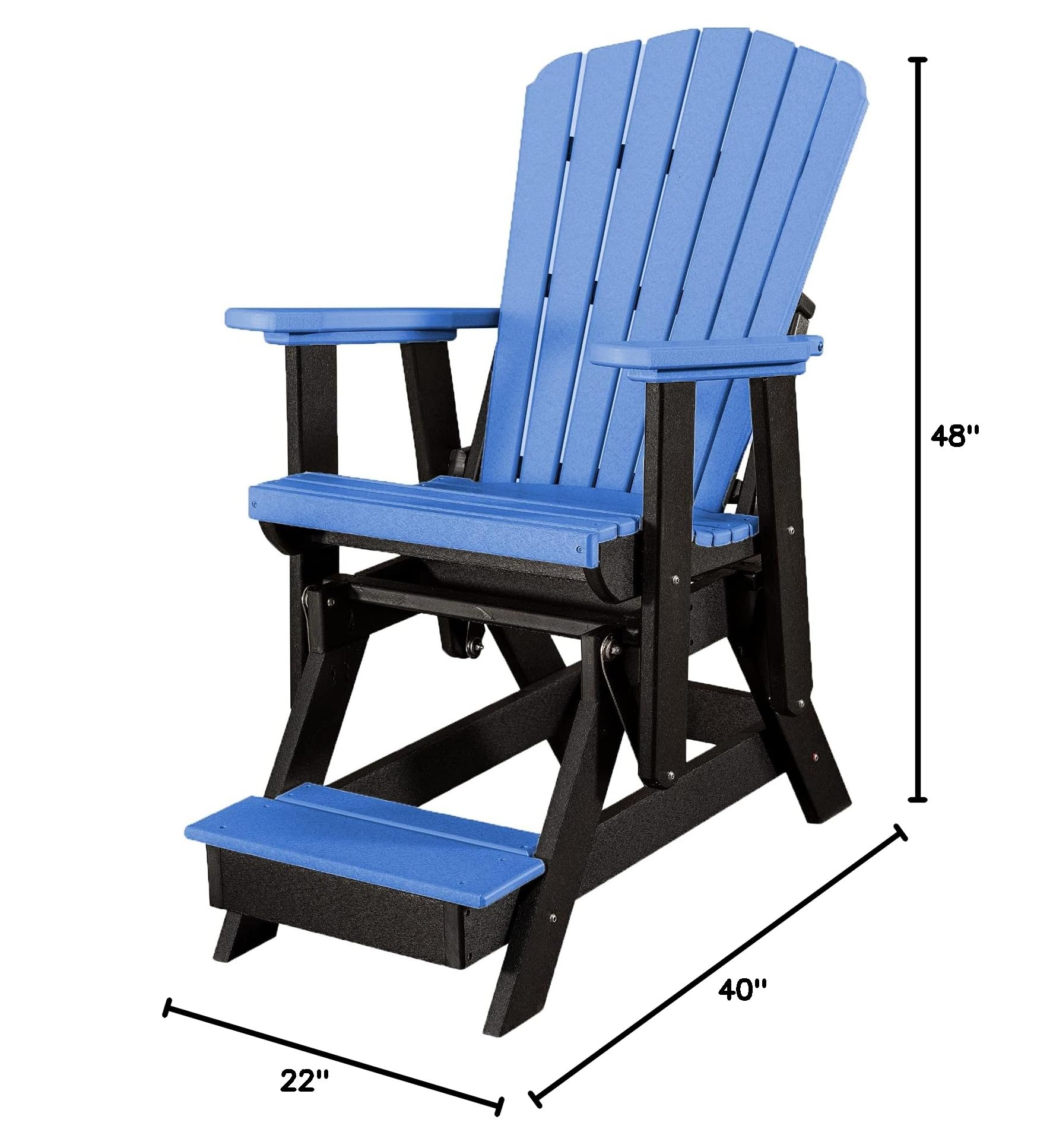 Slat Fan Back Poly Balcony Adirondack Glider with Footrest - Outdoor Patio Chair for Garden, Porch & Deck (Black & Blue) - Perfect for Relaxing, Sunbathing & Enjoying Nature