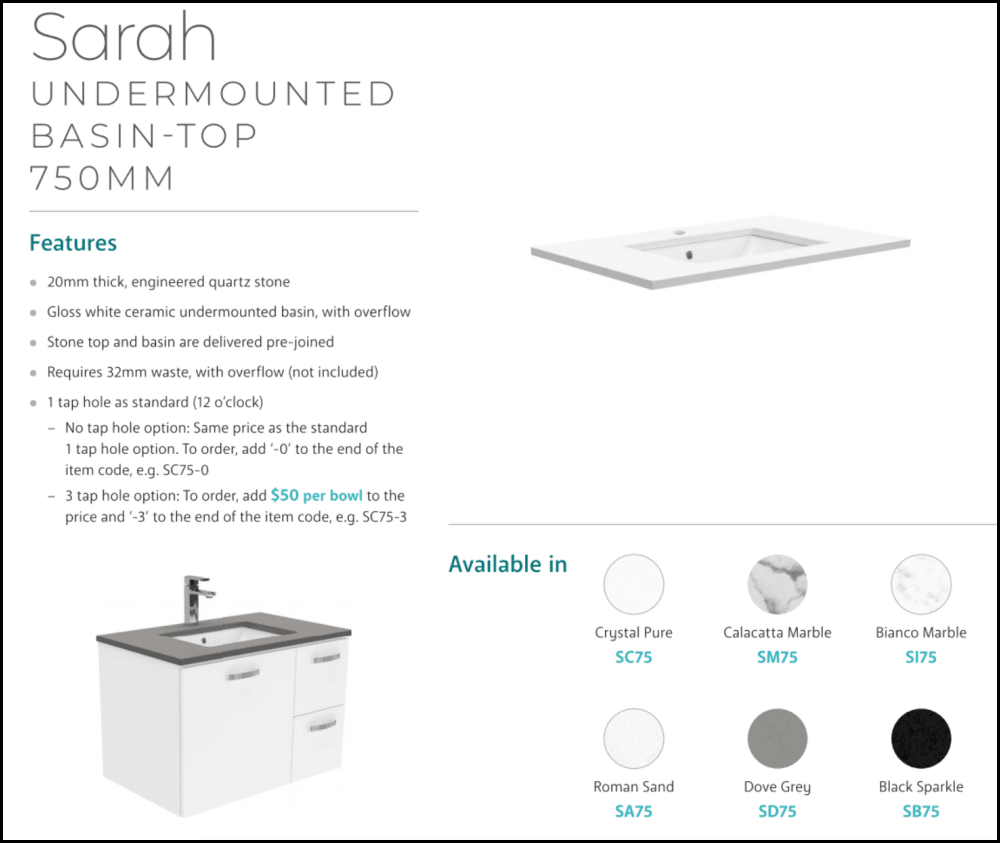 Fienza Crystal Pure SC75XKR 750mm Undermount Stone Top Vanity Unit with Right Drawers & Kickboard - Modern Bathroom Sink Cabinet for Industrial Style Edge Design
