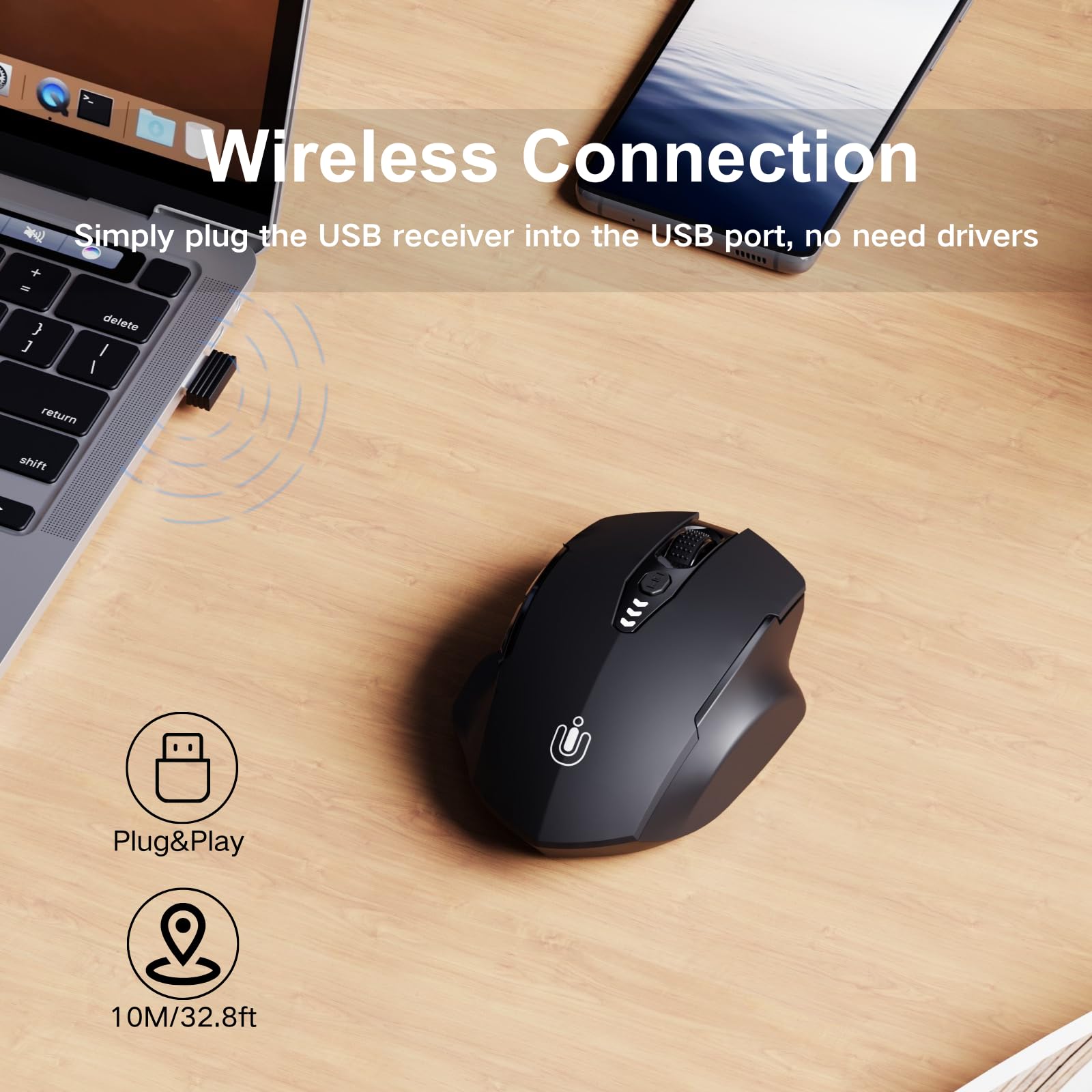 Upgraded 2.4GHz Wireless Mouse with Rechargeable Battery & Visible Battery Level - Ergonomic Computer Mouse with 4 DPI Levels for Laptop, PC, Mac - Matte Black - Perfect for Office, Gaming & Home Use