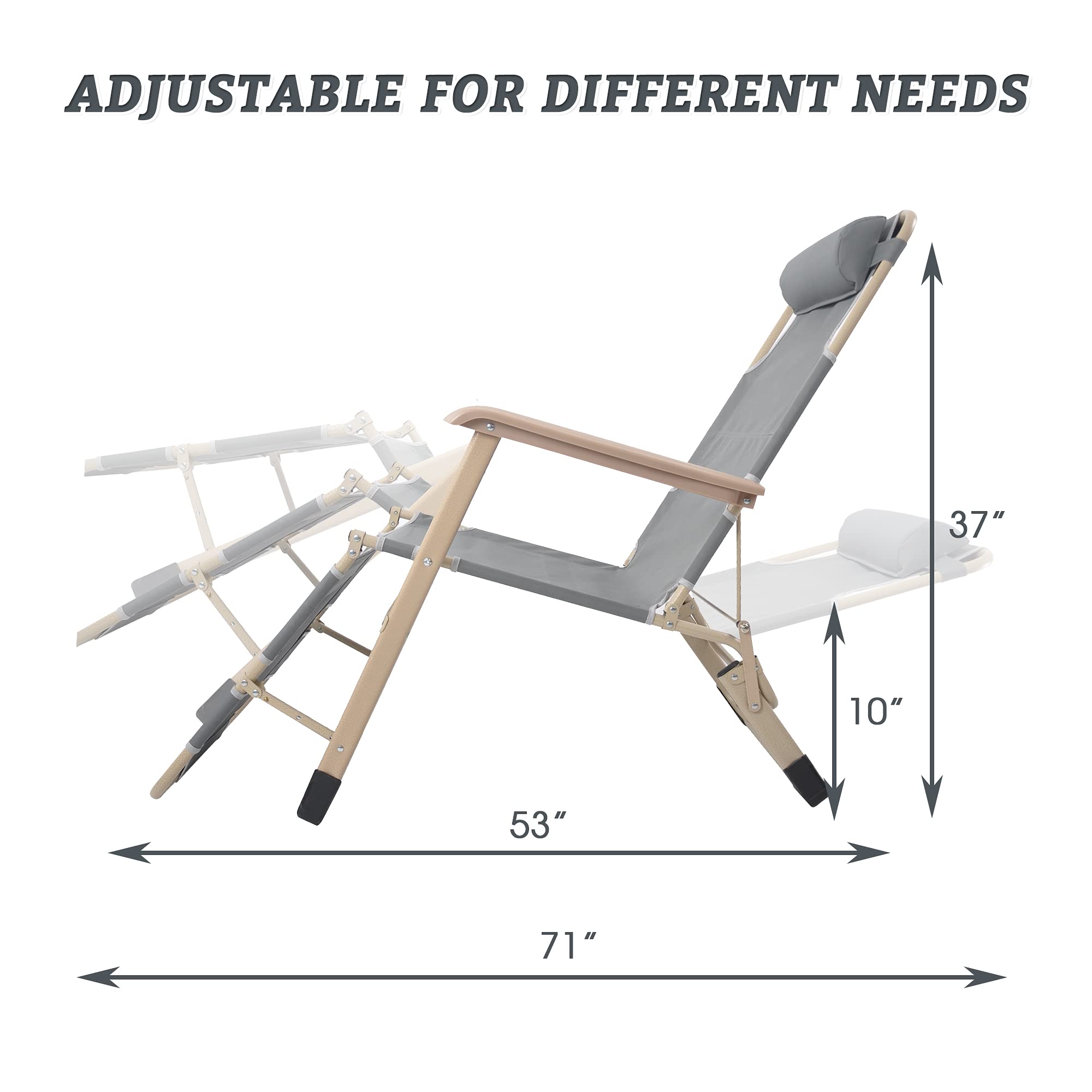4-Pack Lightweight Folding Chaise Lounge Chairs for Outdoor Patio - Adjustable Recliner with Footrest & Removable Pillow, Grey - Perfect for Poolside, Beach, Backyard Relaxation and Sunbathing