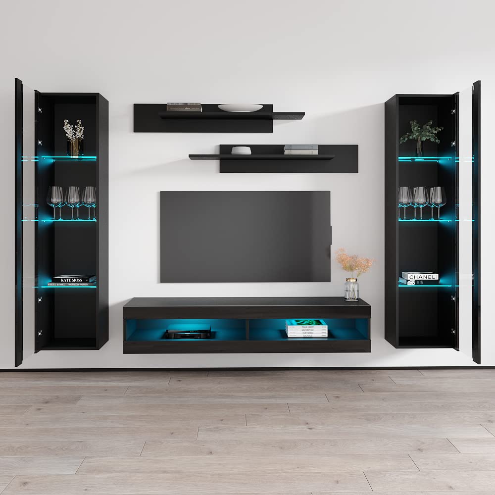 Modern Floating TV Stand with Storage & LED Lights - Wall-Mounted Entertainment Center Console for Bedroom & Living Room - Space-Saving TV Cabinet with Shelves - Black - Perfect for Small Spaces & Home Theater Setup
