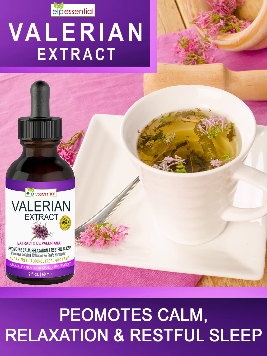ELP ESSENTIAL Valerian Root Extract Drops - Natural Sleep Aid & Stress Relief Supplement | 2 fl oz (2-Pack) | Sugar-Free, Alcohol-Free, Non-GMO, Gluten-Free Liquid Drops | Perfect for Nighttime Relaxation & Anxiety Support